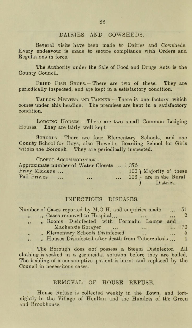 DAIRIES AND COWSHEDS. Several visits have been made to Dairies and Cowsheds. Every endeavour is made to secure compliance with Orders and Regulations in force. The Authority under the Sale of Food and Drugs Acts is the County Council. Fried Fish Shops. — There are two of these. They are periodically inspected, and are kept in a satisfactory condition. Tallow Melter and Tanner —There is one factory which comes under this heading. The premises are kept in a satisfactory condition. Lodging Houses —There are two small Common Lodging Houses. They are fairly well kept. Schools —There are four Elementary Schools, and one County School for Boys, also Howell s Boarding School for Gills within the Borough They are periodically inspected. Closet Accommodation.— Approximate number of Water Closets .. 1,375 Frivv Middens ... ... . , 100 5 Majority of these Pail Privies ... ... ... 106 ^ are in the Rural ) District. INFECTIOUS DISEASES. Number of Cases reported by M.O.H. and enquiries made .. 51 ,, ,, Cases removed to Hospital... ... ... 2 ,, ,, Rooms Disinfected with Formalin Lamps and Mackenzie Sprayer ... ... ... 70 ,, ,, Elementary Schools Disinfected ... ... 5 ,, ,, Houses Disinfected after death from Tuberculosis ... 4 The Borough does not possess a Steam Disinfector. All clothing is soaked in a germicidal solution before they are boiled. The bedding of a consumptive patient is burnt and replaced by the Council in necessitous cases. REMOVAL OF HOUSE REFUSE. House Refuse is collected weeklv in the Town, and fort- nightly in the Village of Henllan and the Hamlets of the Green and Brook house.