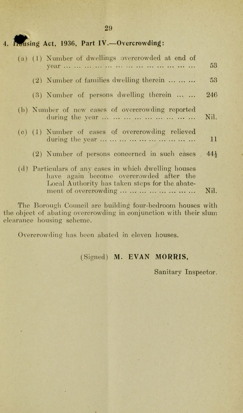 4. rmising Act, 1936, Part IV.—Overcrowding: (a) (1) Number of dwellings overcrowded at end of year 53 (21 Number of families dwelling therein 53 (3) Number of persons dwelling therein 246 (b) Number of new cases of overcrowding reported during the year Nil. (c) (1) Number of cases of overcrowding relieved during the year 11 (2) Number of persons concerned in such cases 44| (d) Particulars of any cases in which dwelling houses have again become overcrowded after the Local Authority has taken steps for the abate- ment of overcrowding Nil. The Borough Council are building four-bedroom houses with the object- of abating overcrowding in conjunction with their slum clearance housing scheme. Overcrowding has been abated in eleven houses. (Signed) M. EVAN MORRIS, Sanitary Inspector.