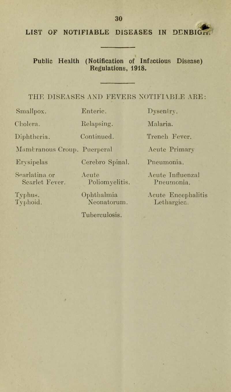 LIST OF NOTIFIABLE DISEASES IN DENBIGn. Public Health (Notification of Infectious Disease) Regulations, 1918. THE DISEA £ Smallpox. Cholera. Diphtheria. Mamfcranous Crou Erysipelas Snarlatina or Scarlet Fever. Typhus. Typhoid. ES AND FEVERS Enteric. Relapsing. Continued. ). Puerperal Cerebro Spinal. Acute Poliomyelitis. Ophthalmia Neonatorum. Tuberculosis. NOTIFIABLE ARE: Dy sentry. Malaria. Trench Fever. Acute Primary Pneumonia. Acute Influenzal Pneumonia. Acute Encephalitis Lethargies.