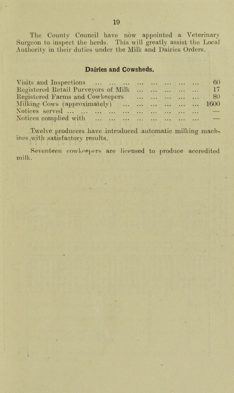 The County Council have now appointed a Veterinary Surgeon to inspect the herds. This will greatly assist the Local Authority in their duties under the Milk and Dairies Orders. Dairies and Cowsheds. Visits and Inspections 60 Registered Retail Purveyors of Milk 17 Registered Farms and Cowkeepers 80 Milking Cows (approximately) 1600 Notices served — Notices complied with — Twelve producers have introduced ines with satisfactory results. lutomatic milking mach- Seventeen cowkeepers are licensed to produce accredited milk. i