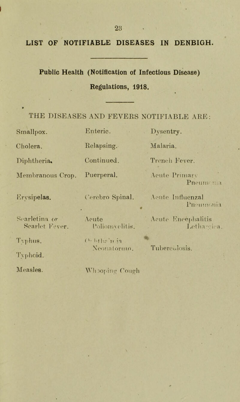 LIST OF NOTIFIABLE DISEASES IN DENBIGH. Public Health (Notification of Infectious Disease) Regulations, 1918. THE DISEASES AND FEVERS NOTIFIABLE ARE: Smallpox. Enteric. Dvsentry. Cholera. Relapsing. Malaria. Diphtheria. Continued. Trench Fever. Membranous Crop. Puerperal. Acute Primary Pneuni u;a Erysipelas. Cerebro Spinal. Aoule Influenzal Pneumonia Scarletina or Acute Acute Encephalitis Scarlet Fever. Poliomyelitis. Let ha m ien. Typhus. Typhoid. ('• hf hn’n in Xcona 1 oruin. T uberculosis. Measles. Wli Doping Oough
