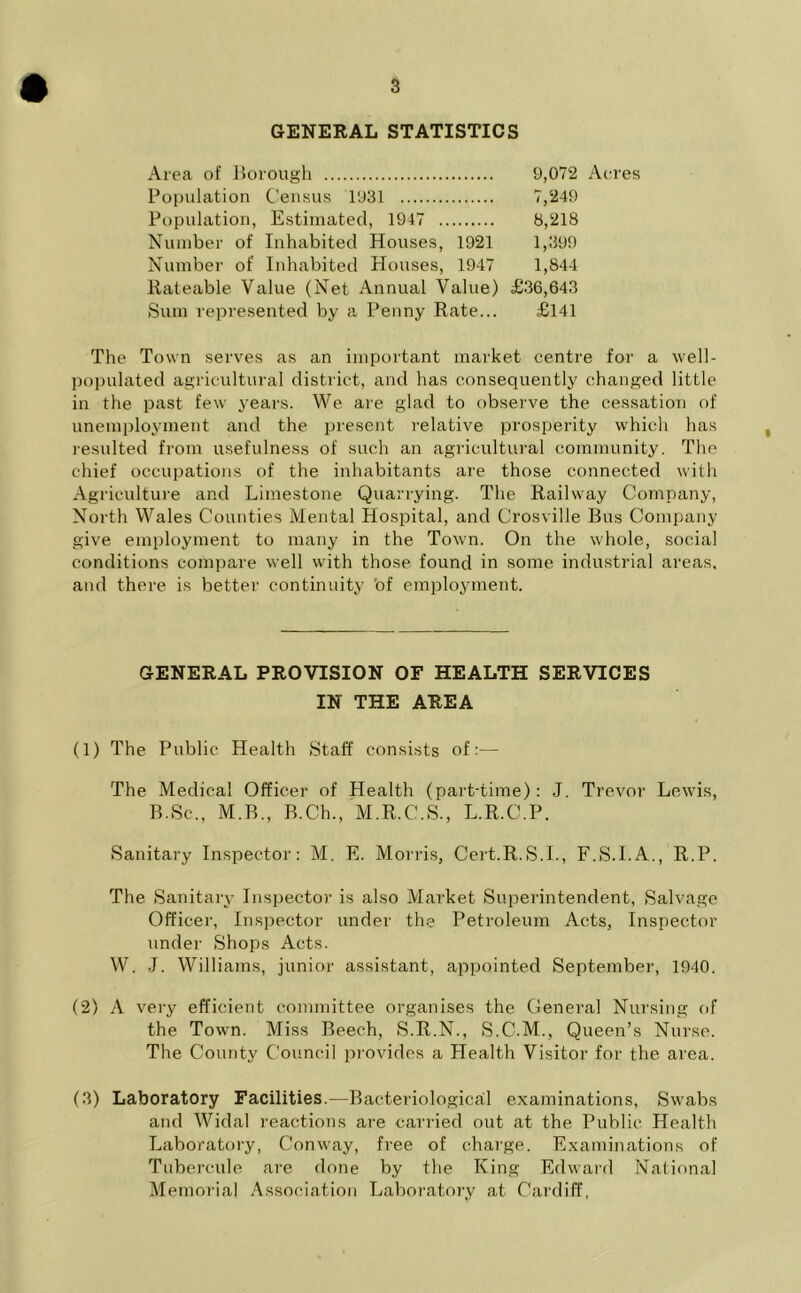 GENERAL STATISTICS Area of Borough 9,072 Acres Population Census 1931 7,249 Population, Estimated, 1947 8,218 Number of Inhabited Houses, 1921 1,399 Number of Inhabited Houses, 1947 1,844 Rateable Value (Net Annual Value) £36,643 Sum represented by a Penny Rate... £141 The Town serves as an important market centre for a well- populated agricultural district, and has consequently changed little in the past few years. We are glad to observe the cessation of unemployment and the present relative prosperity which has resulted from usefulness of such an agricultural community. The chief occupations of the inhabitants are those connected with Agriculture and Limestone Quarrying. The Railway Company, North Wales Counties Mental Hospital, and Crosville Bus Company give employment to many in the Town. On the whole, social conditions compare well with those found in some industrial areas, and there is better continuity ‘of employment. GENERAL PROVISION OE HEALTH SERVICES IN THE AREA (1) The Public Health Staff consists of:— The Medical Officer of Health (part-time): J. Trevor Lewis, B.Sc., M.B., B.Ch., M.R.C.S., L.R.C.P. Sanitary Inspector: M. E. Morris, Cert.R.S.I., F.S.I.A., R.P. The Sanitary Inspector is also Market Superintendent, Salvage Officer, Inspector under the Petroleum Acts, Inspector under Shops Acts. W. J. Williams, junior assistant, appointed September, 1940. (2) A very efficient committee organises the General Nursing of the Town. Miss Beech, S.R.N., S.C.M., Queen’s Nurse. The County Council provides a Health Visitor for the area. (3) Laboratory Facilities.—Bacteriological examinations, Swabs and Widal reactions are carried out at the Public Health Laboratory, Conway, free of charge. Examinations of Tubercule are done by the King Edward National Memorial Association Laboratory at Cardiff,