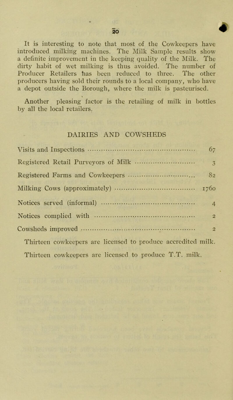 4 It is interesting to note that most of the Cowkeepers have introduced milking machines. The Milk Sample results show a definite improvement in the keeping quality of the Milk. The dirty habit of wet milking is thus avoided. The number of Producer Retailers has been reduced to three. The other producers having sold their rounds to a local company, who have a depot outside the Borough, where the milk is pasteurised. Another pleasing factor is the retailing of milk in bottles by all the local retailers. DAIRIES AND COWSHEDS Visits and Inspections 67 Registered Retail Purveyors of Milk 3 Registered Farms and Cowkeepers 82 Milking Cows (approximately) 1760 Notices served (informal) 4 Notices complied with 2 Cowsheds improved 2 Thirteen cowkeepers are licensed to produce accredited milk. Thirteen cowkeepers are licensed to produce T.T. milk.