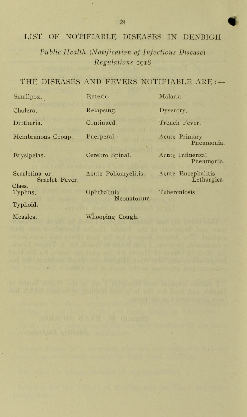 LIST OF NOTIFIABLE DISEASES IN DENBIGH Public Health (Notification of Infectious Disease) Regulations 1918 THE DISEASES AND FEVERS NOTIFIABLE ARE: — Smallpox. Enteric. Malaria. Cholera. Relapsing. Dysentry. Diptheria. Continued. Trench Fever. Membranous Group. Puerperal. \ Acute Primary Pneumonia. Erysipelas. Cerebro Spinal. Acute Influenzal Pneumonia. Scarletina or Scarlet Fever. Class. Acute Poliomyelitis. Acute Encephalitis Letliargica. Typhus. Ophthalmia Neonatorum. Tuberculosis. Typhoid. Measles. Whooping Cough.