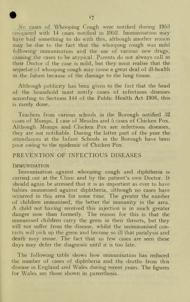 U No cases of Whooping Cough were notified during 1953 compared with 14 cases notified in 1952. Immunisation may have had something to do with this, although another reason may be due to the fact that the whooping cough was mild following immunisation and the use of various new drugs, causing the cases to be atypical. Parents do not always call in their Doctor if the case is mild, but they must realise that the sequelae of whooping cough may cause a great deal of ill-health in the future because of the damage to the lung tissue. Although publicity has been given to the fact that the head of the household must notify cases of infectious diseases according to Sections 144 of the Public Health Act 1936, this is rarely done. Teachers from various schools in the Borough notified 32 cases of Mumps, 1 case of Measles and 5 cases of Chicken Pox. Although Mumps and Chicken Pox are infectious diseases, they are not notifiable. During the latter part of the year the attendances at the Infant Schools in the Borough have been poor owing to the epidemic of Chicken Pox. PREVENTION OF INFECTIOUS DISEASES Immunisation Immunisation against whooping cough and diphtheria is carried out at the Clinic and by the patient’s own Doctor. It should again be stressed that it is as important as ever to have babies immunised against diphtheria, although no cases have occurred in this area for some time. The greater the number of children immunised, the better the immunity in the area. A child not having received this injection is in much greater danger now than formerly. The reason for this is that the immunised children carry the germ in their throats, but they will not suffer from the disease, whilst the unimmunised con- tacts will pick up the germ and become so ill that paralysis and death may ensue. The fact that so few cases are seen these days may defer the diagnosis until it is too late. The following table shows how immunisation has reduced the number of cases of diphtheria and the deaths from this disease in England and Wales during recent years. The figures for Wales are those shown in parenthesis.