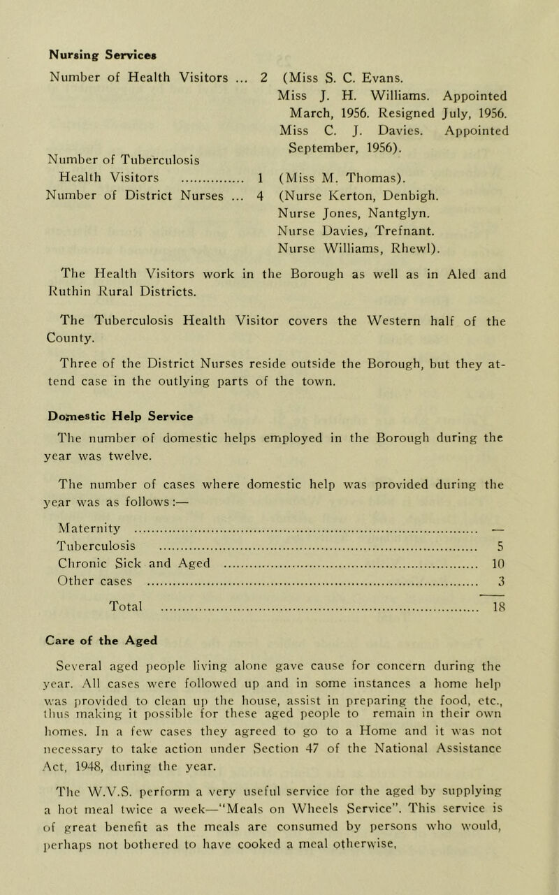 Nursing Service* Number of Health Visitors ... 2 (Miss S. C. Evans. Miss J. H. Williams. Appointed March, 1956. Resigned July, 1956. Miss C. J. Davies. Appointed September, 1956). Number of Tuberculosis Health Visitors 1 (Miss M. Thomas). Number of District Nurses ... 4 (Nurse Kerton, Denbigh. Nurse Jones, Nantglyn. Nurse Davies, Trefnant. Nurse Williams, Rhewl). The Health Visitors work in the Borough as well as in Aled and Ruthin Rural Districts. The Tuberculosis Health Visitor covers the Western half of the County. Three of the District Nurses reside outside the Borough, but they at- tend case in the outlying parts of the town. Domestic Help Service The number of domestic helps employed in the Borough during the year was twelve. The number of cases where domestic help was provided during the year was as follows :— Maternity — Tuberculosis 5 Chronic Sick and Aged 10 Other cases 3 Total 18 Care of the Aged Several aged people living alone gave cause for concern during the year. All cases were followed up and in some instances a home help was provided to clean up the house, assist in preparing the food, etc., thus making it possible for these aged people to remain in their own homes. In a few cases they agreed to go to a Home and it was not necessary to take action under Section 47 of the National Assistance Act, 1948, during the year. The W.V.S. perform a very useful service for the aged by supplying a hot meal twice a week—“Meals on Wheels Service”. This service is of great benefit as the meals are consumed by persons who would, perhaps not bothered to have cooked a meal otherwise,