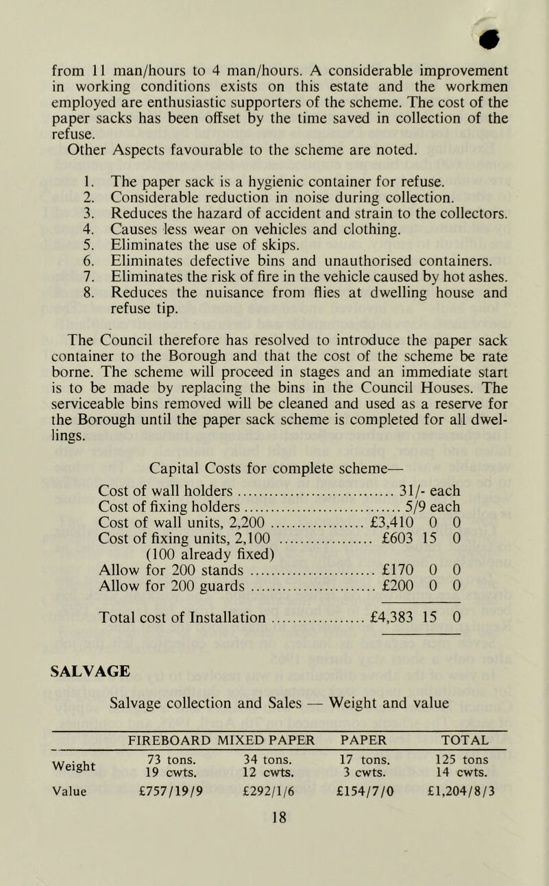 from 11 man/hours to 4 man/hours. A considerable improvement in working conditions exists on this estate and the workmen employed are enthusiastic supporters of the scheme. The cost of the paper sacks has been offset by the time saved in collection of the refuse. Other Aspects favourable to the scheme are noted. 1. The paper sack is a hygienic container for refuse. 2. Considerable reduction in noise during collection. 3. Reduces the hazard of accident and strain to the collectors. 4. Causes less wear on vehicles and clothing. 5. Eliminates the use of skips. 6. Eliminates defective bins and unauthorised containers. 7. Eliminates the risk of fire in the vehicle caused by hot ashes. 8. Reduces the nuisance from flies at dwelling house and refuse tip. The Council therefore has resolved to introduce the paper sack container to the Borough and that the cost of the scheme be rate borne. The scheme will proceed in stages and an immediate start is to be made by replacing the bins in the Council Houses. The serviceable bins removed will be cleaned and used as a reserve for the Borough until the paper sack scheme is completed for all dwel- lings. Capital Costs for complete scheme— Cost of wall holders 31/- each Cost of fixing holders 5/9 each Cost of wall units, 2,200 £3,410 0 0 Cost of fixing units, 2,100 £603 15 0 (100 already fixed) Allow for 200 stands £170 0 0 Allow for 200 guards £200 0 0 Total cost of Installation £4,383 15 0 SALVAGE Salvage collection and Sales — Weight and value Weight Value FIREBOARD MIXED PAPER PAPER 73 tons. 34 tons. 17 tons. 19 cwts. 12 cwts. 3 cwts. £757/19/9 £292/1/6 £154/7/0 18 TOTAL 125 tons 14 cwts. £1,204/8/3