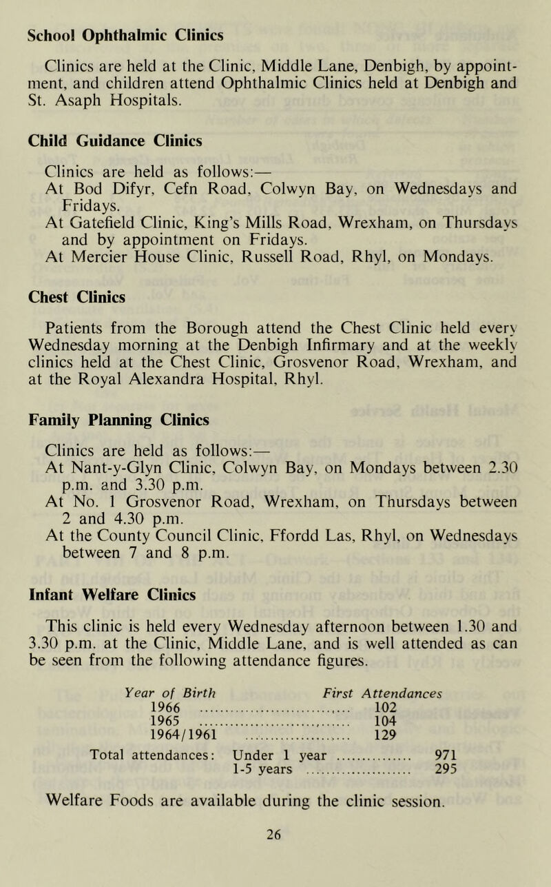 School Ophthalmic Clinics Clinics are held at the Clinic, Middle Lane, Denbigh, by appoint- ment, and children attend Ophthalmic Clinics held at Denbigh and St. Asaph Hospitals. Child Guidance Clinics Clinics are held as follows:— At Bod Difyr, Cefn Road, Colwyn Bay, on Wednesdays and Fridays. At Gatefield Clinic, King’s Mills Road. Wrexham, on Thursdays and by appointment on Fridays. At Mercier House Clinic, Russell Road, Rhyl, on Mondays. Chest Clinics Patients from the Borough attend the Chest Clinic held even Wednesday morning at the Denbigh Infirmary and at the weekly clinics held at the Chest Clinic, Grosvenor Road. Wrexham, and at the Royal Alexandra Hospital. Rhyl. Family Planning Clinics Clinics are held as follows:— At Nant-y-Glyn Clinic, Colwyn Bay, on Mondays between 2.30 p.m. and 3.30 p.m. At No. 1 Grosvenor Road, Wrexham, on Thursdays between 2 and 4.30 p.m. At the County Council Clinic, Ffordd Las, Rhyl, on Wednesdays between 7 and 8 p.m. Infant Welfare Clinics This clinic is held every Wednesday afternoon between 1.30 and 3.30 p.m. at the Clinic, Middle Lane, and is well attended as can be seen from the following attendance figures. Year of Birth First Attendances 102 104 ..>... 129 1966 1965 1964/1961 Total attendances: Under 1 year 1-5 years 971 295 Welfare Foods are available during the clinic session.