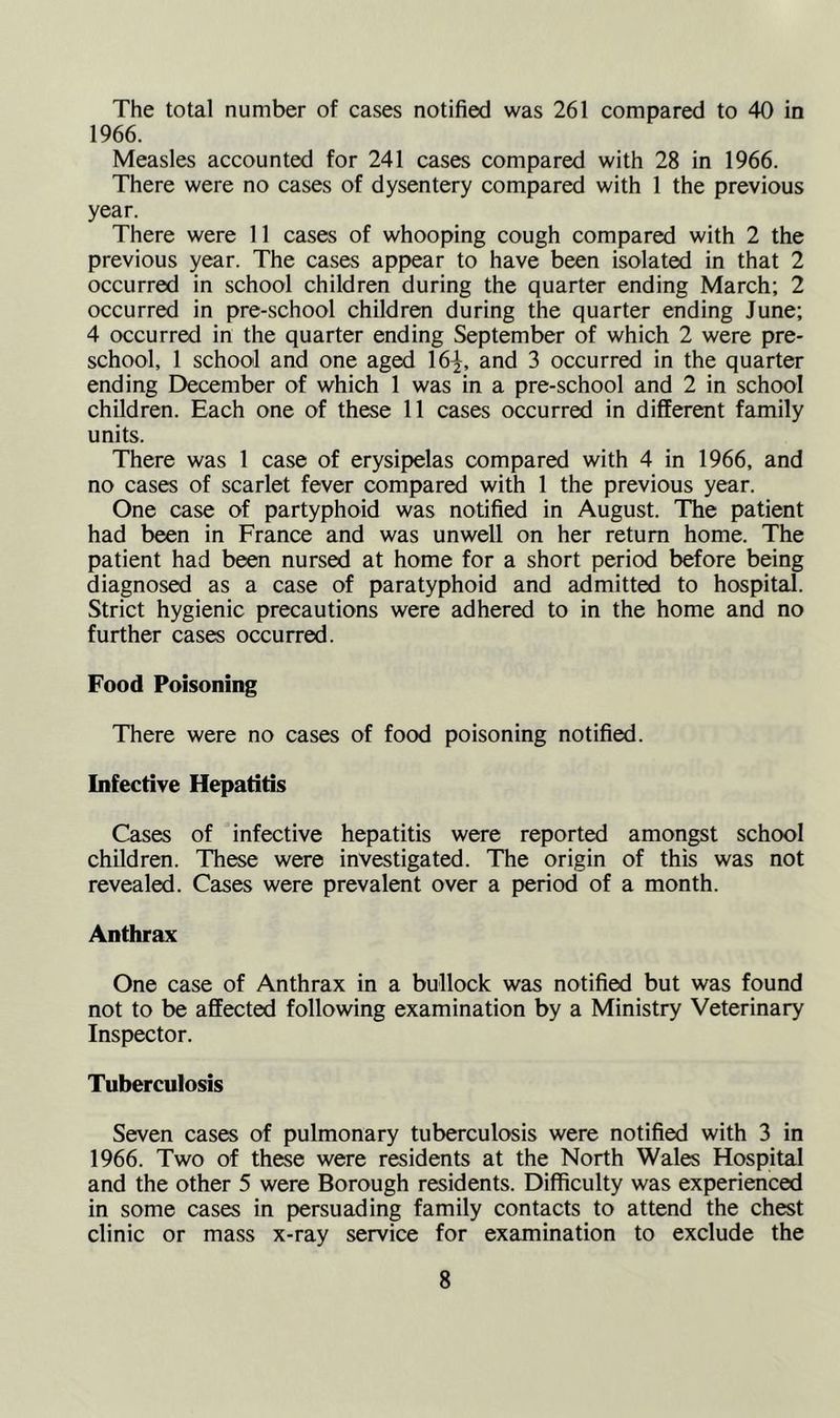 The total number of cases notified was 261 compared to 40 in 1966. Measles accounted for 241 cases compared with 28 in 1966. There were no cases of dysentery compared with 1 the previous year. There were 11 cases of whooping cough compared with 2 the previous year. The cases appear to have been isolated in that 2 occurred in school children during the quarter ending March; 2 occurred in pre-school children during the quarter ending June; 4 occurred in the quarter ending September of which 2 were pre- school, 1 school and one aged 16^, and 3 occurred in the quarter ending December of which 1 was in a pre-school and 2 in school children. Each one of these 11 cases occurred in different family units. There was 1 case of erysipelas compared with 4 in 1966, and no cases of scarlet fever compared with 1 the previous year. One case of partyphoid was notified in August. The patient had been in France and was unwell on her return home. The patient had been nursed at home for a short period before being diagnosed as a case of paratyphoid and admitted to hospital. Strict hygienic precautions were adhered to in the home and no further cases occurred. Food Poisoning There were no cases of food poisoning notified. Infective Hepatitis Cases of infective hepatitis were reported amongst school children. These were investigated. The origin of this was not revealed. Cases were prevalent over a period of a month. Anthrax One case of Anthrax in a bullock was notified but was found not to be affected following examination by a Ministry Veterinary Inspector. Tuberculosis Seven cases of pulmonary tuberculosis were notified with 3 in 1966. Two of these were residents at the North Wales Hospital and the other 5 were Borough residents. Difficulty was experienced in some cases in persuading family contacts to attend the chest clinic or mass x-ray service for examination to exclude the