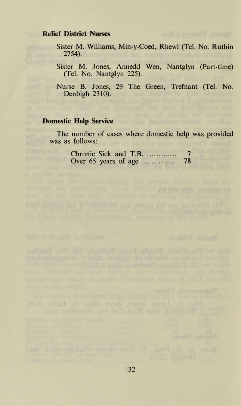 Relief District Nurses Sister M. Williams, Min-y-Coed, Rhewl (Tel. No. Ruthin 2754). Sister M. Jones, Annedd Wen, Nantglyn (Part-time) (Tel. No. Nantglyn 225). Nurse B. Jones, 29 The Green, Trefnant (Tel. No. Denbigh 2310). Domestic Help Service The number of cases where domestic help was provided was as follows: Chronic Sick and T.B 7 Over 65 years of age 78