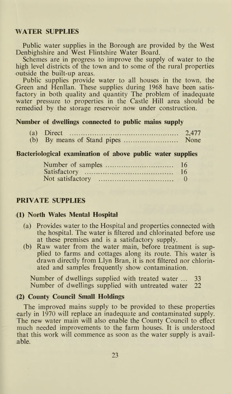 WATER SUPPLIES Public water supplies in the Borough are provided by the West Denbighshire and West Flintshire Water Board. Schemes are in progress to improve the supply of water to the high level districts of the town and to some of the rural properties outside the built-up areas. Public supplies provide water to all houses in the town, the Green and Henllan. These supplies during 1968 have been satis- factory in both quality and quantity The problem of inadequate water pressure to properties in the Castle Hill area should be remedied by the storage reservoir now under construction. Number of dwellings connected to public mains supply (a) Direct 2,477 (b) By means of Stand pipes None Bacteriological examination of above public water supplies Number of samples 16 Satisfactory 16 Not satisfactory 0 PRIVATE SUPPLIES (1) North Wales Mental Hospital (a) Provides water to the Hospital and properties connected with the hospital. The water is filtered and chlorinated before use at these premises and is a satisfactory supply. (b) Raw water from the water main, before treatment is sup- plied to farms and cottages along its route. This water is drawn directly from Llyn Bran, it is not filtered nor chlorin- ated and samples frequently show contamination. Number of dwellings supplied with treated water ... 33 Number of dwellings supplied with untreated water 22 (2) County Council Small Holdings The improved mains supply to be provided to these properties early in 1970 will replace an inadequate and contaminate supply. The new water main will also enable the County Council to effect much needed improvements to the farm houses. It is understood that this work will commence as soon as the water supply is avail- able.