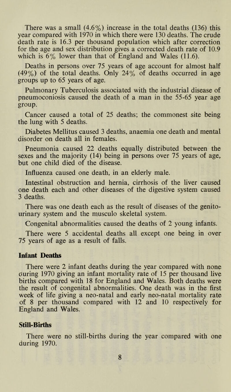 There was a small (4.6%) increase in the total deaths (136) this year compared with 1970 in which there were 130 deaths. The crude death rate is 16.3 per thousand population which after correction for the age and sex distribution gives a corrected death rate of 10.9 which is 6% lower than that of England and Wales (11.6). Deaths in persons over 75 years of age account for almost half (49%) of the total deaths. Only 24% of deaths occurred in age groups up to 65 years of age. Pulmonary Tuberculosis associated with the industrial disease of pneumoconiosis caused the death of a man in the 55-65 year age group. Cancer caused a total of 25 deaths; the commonest site being the lung with 5 deaths. Diabetes Mellitus caused 3 deaths, anaemia one death and mental disorder on death all in females. Pneumonia caused 22 deaths equally distributed between the sexes and the majority (14) being in persons over 75 years of age, but one child died of the disease. Influenza caused one death, in an elderly male. Intestinal obstruction and hernia, cirrhosis of the liver caused one death each and other diseases of the digestive system caused 3 deaths. There was one death each as the result of diseases of the genito- urinary system and the musculo skeletal system. Congenital abnormalities caused the deaths of 2 young infants. There were 5 accidental deaths all except one being in over 75 years of age as a result of falls. Infant Deaths There were 2 infant deaths during the year compared with none during 1970 giving an infant mortality rate of 15 per thousand live births compared with 18 for England and Wales. Both deaths were the result of congenital abnormalities. One death was in the first week of life giving a neo-natal and early neo-natal mortality rate of 8 per thousand compared with 12 and 10 respectively for England and Wales. Still-Births There were no still-births during the year compared with one during 1970.