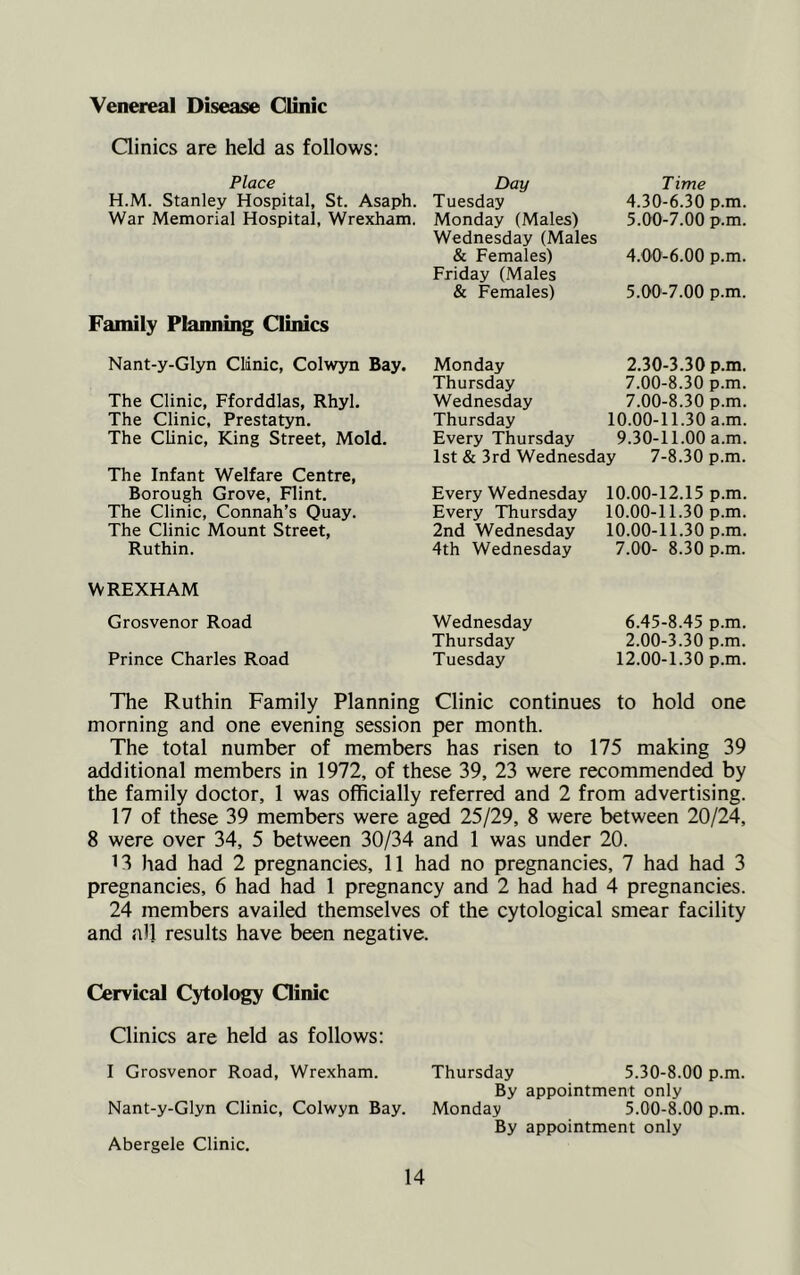 Venereal Disease Clinic Clinics are held as follows: Place H.M. Stanley Hospital, St. Asaph. War Memorial Hospital, Wrexham. Family Planning Clinics Nant-y-Glyn Clinic, Colwyn Bay. The Clinic, Fforddlas, Rhyl. The Clinic, Prestatyn. The Clinic, King Street, Mold. The Infant Welfare Centre, Borough Grove, Flint. The Clinic, Connah’s Quay. The Clinic Mount Street, Ruthin. Day Time Tuesday 4.30-6.30 p.m. Monday (Males) 5.00-7.00 p.m. Wednesday (Males & Females) 4.00-6.00 p.m. Friday (Males & Females) 5.00-7.00 p.m. Monday 2.30-3.30 p.m. Thursday 7.00-8.30 p.m. Wednesday 7.00-8.30 p.m. Thursday 10.00-11.30 a.m. Every Thursday 9.30-11.00 a.m. 1st & 3rd Wednesday 7-8.30 p.m. Every Wednesday 10.00-12.15 p.m. Every Thursday 10.00-11.30 p.m. 2nd Wednesday 10.00-11.30 p.m. 4th Wednesday 7.00- 8.30 p.m. WREXHAM Grosvenor Road Prince Charles Road Wednesday Thursday Tuesday 6.45-8.45 p.m. 2.00-3.30 p.m. 12.00-1.30 p.m. The Ruthin Family Planning Clinic continues to hold one morning and one evening session per month. The total number of members has risen to 175 making 39 additional members in 1972, of these 39, 23 were recommended by the family doctor, 1 was officially referred and 2 from advertising. 17 of these 39 members were aged 25/29, 8 were between 20/24, 8 were over 34, 5 between 30/34 and 1 was under 20. 13 had had 2 pregnancies, 11 had no pregnancies, 7 had had 3 pregnancies, 6 had had 1 pregnancy and 2 had had 4 pregnancies. 24 members availed themselves of the cytological smear facility and all results have been negative. Cervical Cytology Clinic Clinics are held as follows: I Grosvenor Road, Wrexham. Nant-y-Glyn Clinic, Colwyn Bay. Abergele Clinic. Thursday 5.30-8.00 p.m. By appointment only Monday 5.00-8.00 p.m. By appointment only