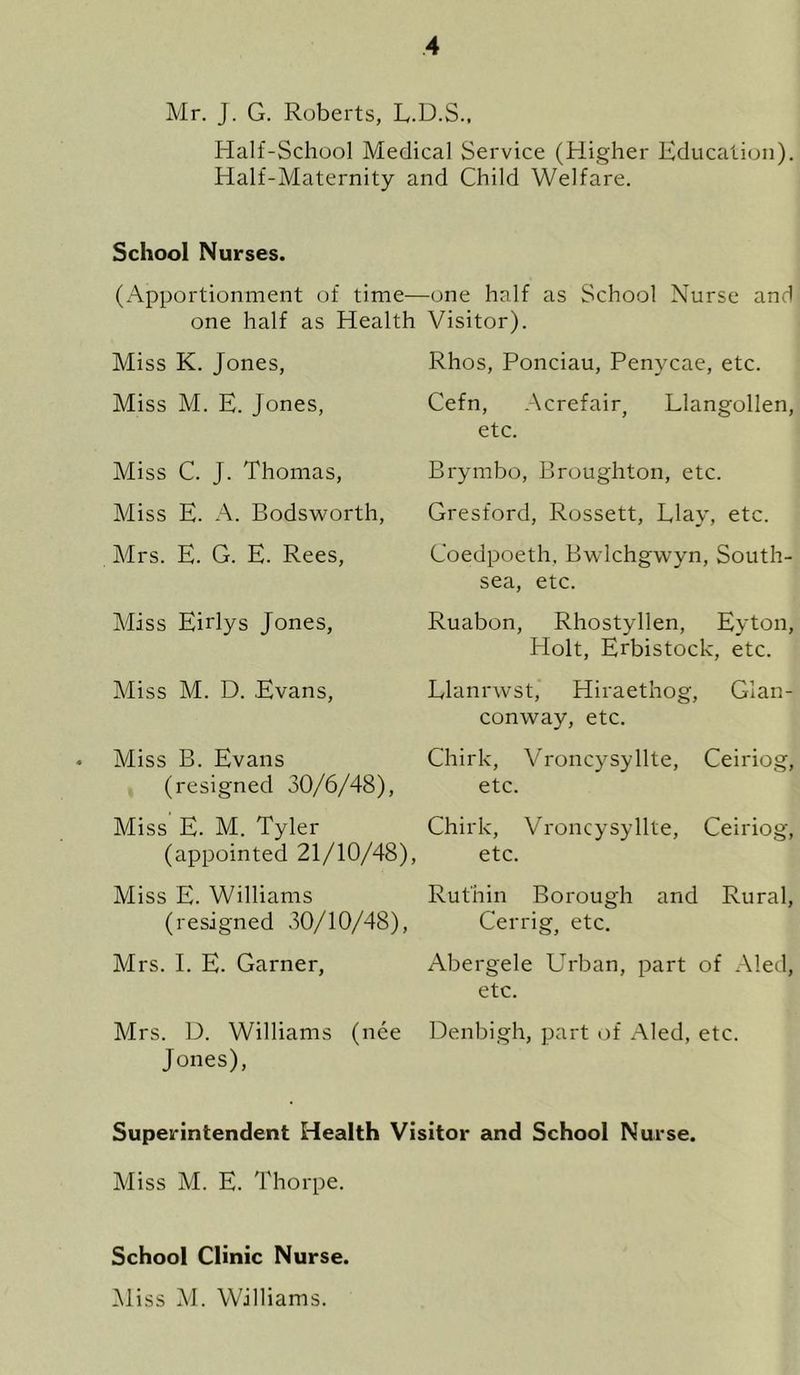 Mr. J. G. Roberts, L.D.S., Half-School Medical Service (Higher Education). Half-Maternity and Child Welfare. School Nurses. (Apportionment of time—one half as School Nurse and one half as Health Visitor). Miss K. Jones, Miss M. E. Jones, Rhos, Ponciau, Penycae, etc. Cefn, Acrefair, Llangollen, etc. Miss C. J. Thomas, Brymbo, Broughton, etc. Miss E. A. Bodsworth, Gresford, Rossett, Elay, etc. Coedpoeth, Bwlchgwyn, South- Mrs. E. G. E. Rees, Miss Eirlys Jones, Miss M. D. Evans, sea, etc. Ruabon, Rhostyllen, Evton, Holt, Erbistock, etc. Elannvst, Hiraethog, Glan- conway, etc. Miss B. Evans (resigned 30/6/48), Chirk, Vroncysyllte, Ceiriog, etc. Miss E. M. Tyler Chirk, Vroncysyllte, Ceiriog, (appointed 21/10/48), etc. Miss E. Williams Ruthin Borough and Rural, (resigned 30/10/48), Cerrig, etc. Mrs. I. E. Garner, Abergele Urban, part of Aledj etc. Mrs. U. Williams (nee Denbigh, part of Aled, etc. Jones), Superintendent Health Visitor and School Nurse. Miss M. E. Thorpe. School Clinic Nurse. Miss M. Williams.