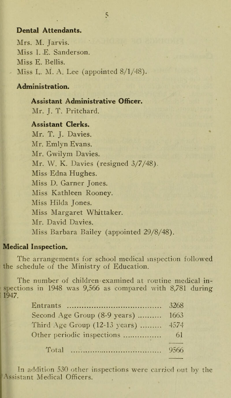 Dental Attendants. Mrs. M. Jarvis. Miss I. .E. Sanderson. Miss E. Beilis. Miss L. M. A. Lee (appointed 8/1/48). Administration. Assistant Administrative Officer. Mr. J. T. Pritchard. Assistant Clerks. Mr. T. J. Davies. Mr. Emlyn Evans. Mr. Gwilym Davies. Mr. W. K. Davies (resigned 3/7/48). Miss Edna Hughes. Miss D. Garner Jones. Miss Kathleen Rooney. Miss Hilda Jones. Miss Margaret Whittaker. Mr. David Davies. Miss Barbara Bailey (appointed 29/8/48). Medical Inspection. The arrangements for school medical inspection followed the schedule of the Ministry of Education. The number of children examined at routine medical in- spections in 1948 was 9,566 as compared with 8,781 during 1947. Entrants 3268 Second Age Group (8-9 years) 1663 Third Age Group (12-13 years) 4574 Other periodic inspections 61 Total 9566 In addition 530 other inspections were carried out by the Assistant Medical Officers.