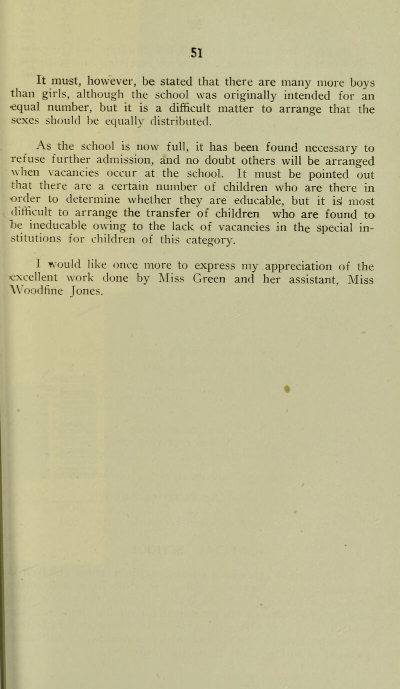 It must, however, be stated that there are many more boys than girls, although the school was originally intended for an •equal number, but it is a difficult matter to arrange that the sexes should be equally distributed. As the school is now full, it has been found necessary to refuse further admission, and no doubt others will be arranged when vacancies occur at the school. It must be pointed out that there are a certain number of children who are there in •order to determine whether they are educable, but it is' most difficult to arrange the transfer of children who are found to ibe ineducable owing to the lack of vacancies in the special in- stitutions for children of this category. ] would like once more to express my appreciation of the excellent work done by Miss Green and her assistant, Miss Wood fine Jones.