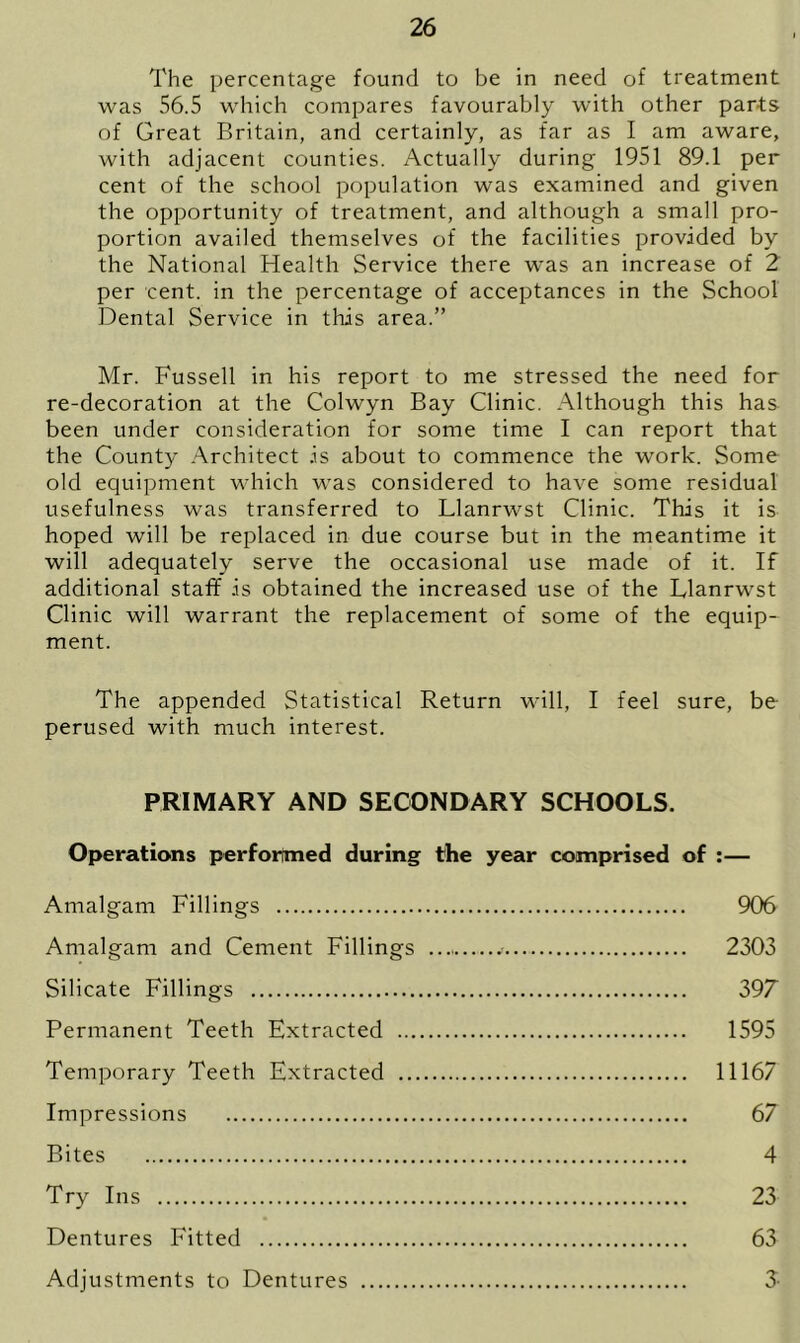 The percentage found to be in need of treatment was 56.5 which compares favourably with other parts of Great Britain, and certainly, as far as I am aware, with adjacent counties. Actually during 1951 89.1 per cent of the school population was examined and given the opportunity of treatment, and although a small pro- portion availed themselves of the facilities provided by the National Health Service there was an increase of 2 per cent, in the percentage of acceptances in the School Dental Service in this area.” Mr. Fussell in his report to me stressed the need for re-decoration at the Colwyn Bay Clinic. Although this has been under consideration for some time I can report that the County Architect is about to commence the work. Some old equipment which was considered to have some residual usefulness was transferred to Llanrwst Clinic. This it is hoped will be replaced in due course but in the meantime it will adequately serve the occasional use made of it. If additional staff is obtained the increased use of the Llanrwst Clinic will warrant the replacement of some of the equip* ment. The appended Statistical Return will, I feel sure, be perused with much interest. PRIMARY AND SECONDARY SCHOOLS. Operations performed during the year comprised of :— Amalgam Fillings 906 Amalgam and Cement Fillings 2303 Silicate Fillings 397 Permanent Teeth Extracted 1595 Temporary Teeth Extracted 11167 Impressions 67 Bites 4 Try Ins 23 Dentures Fitted 63 Adjustments to Dentures 3-