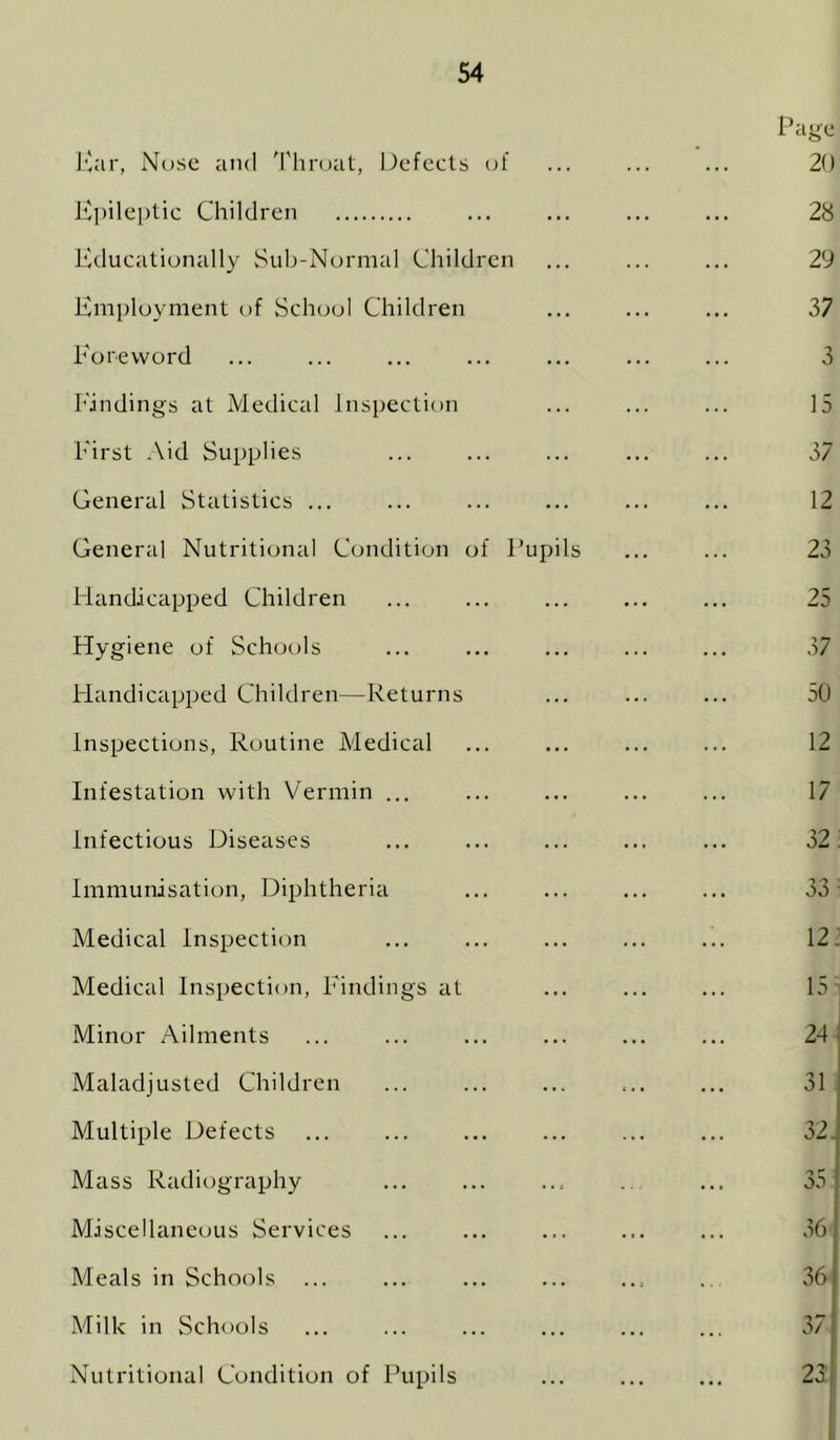 Jvir, Nose and 'I'hroat, Defects (jf Kpileptic Children Kducationally v‘^ub-Normal Children Employment of ScIkjoI Children Foreword h'indings at Medical Inspection First Aid Supplies General Statistics ... General Nutritional Condition of Pupils Handicapped Children Hygiene of Schools Handicapped Children—Returns Inspections, Routine Medical Infestation with Vermin ... infectious Diseases Immunisation, Diphtheria Medical Inspection Medical Inspection, Findings at Minor Ailments Maladjusted Children Multiple Defects Mass Radiography Miscellaneous Services Meals in Schools Milk in Schools Nutritional Condition of Pupils