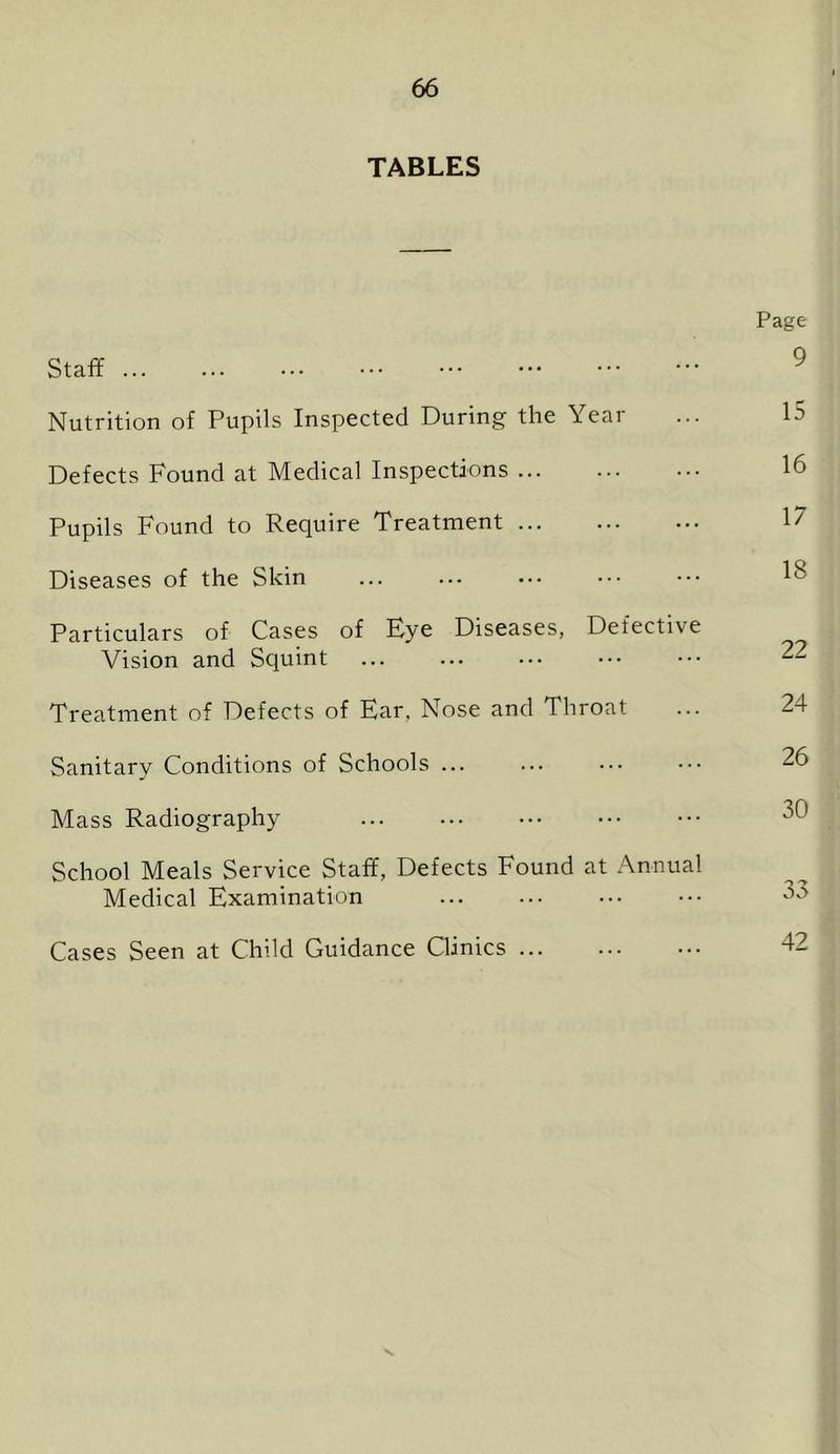 TABLES Staff ... Nutrition of Pupils Inspected During the Year Defects Found at Medical Inspections Pupils Found to Require Treatment Diseases of the Skin Particulars of Cases of Eye Diseases, Defective Vision and Squint Treatment of Defects of Ear, Nose and Throat Sanitary Conditions of Schools ... Mass Radiography School Meals Service Staff, Defects Found at Annual Medical Examination Cases Seen at Child Guidance Clinics Page 9 15 16 17 18 22 24 26 30 33 42