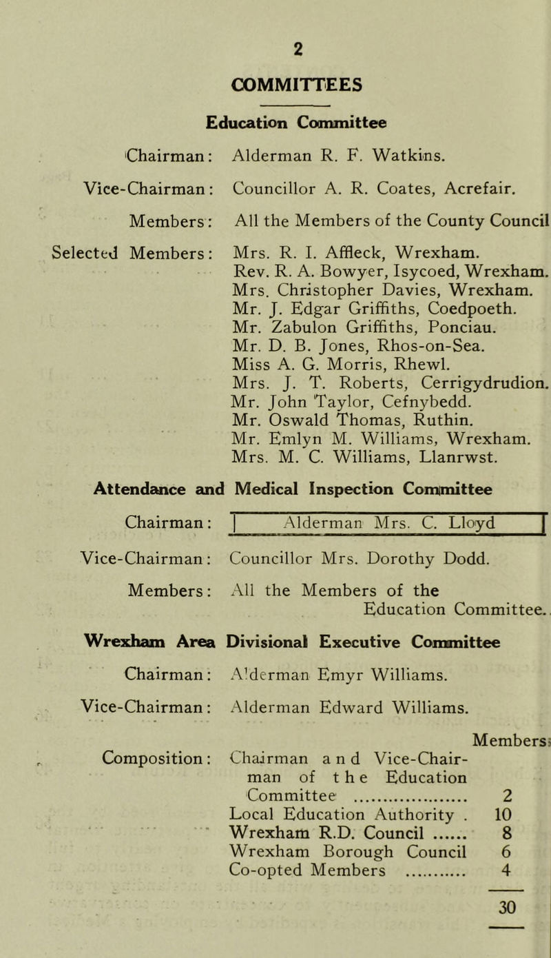 COMMITTEES Education Committee Chairman: Alderman R. F. Watkins. Vice-Chairman: Councillor A. R. Coates, Acrefair. Members: All the Members of the County Council Selected Members: Mrs. R. I. Affleck, Wrexham. Rev. R. A. Bowyer, Isycoed, Wrexham. Mrs. Christopher Davies, Wrexham. Mr. J. Edgar Griffiths, Coedpoeth. Mr. Zabulon Griffiths, Ponciau. Mr. D. B. Jones, Rhos-on-Sea. Miss A. G. Morris, Rhewl. Mrs. J. T. Roberts, Cerrigydrudion. Mr. John Taylor, Cefnybedd. Mr. Oswald Thomas, Ruthin. Mr. Emlyn M. Williams, Wrexham. Mrs. M. C. Williams, Llanrwst. Attendance and Medical Inspection Committee Chairman: Alderman Mrs. C. Lloyd Vice-Chairman: Councillor Mrs. Dorothy Dodd. Members: All the Members of the Education Committee. Wrexham Area Divisional Executive Committee Chairman: Alderman Emyr Williams. Vice-Chairman: Alderman Edward Williams. Composition: Members; Chairman and Vice-Chair- man of the Education Committee 2 Local Education Authority . 10 Wrexham R.D. Council 8 Wrexham Borough Council 6 Co-opted Members 4 30