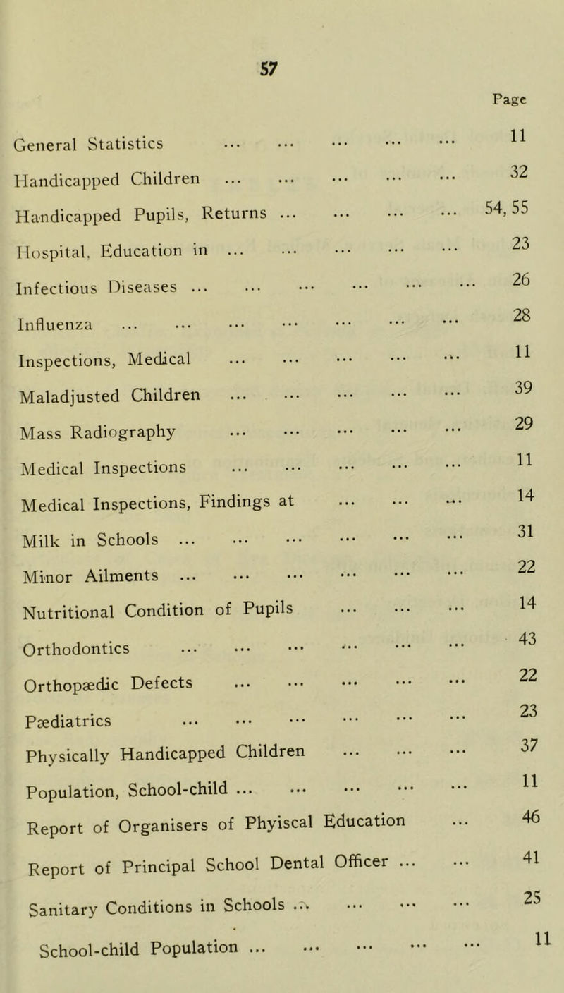 5 7 Page General Statistics 11 Handicapped Children 32 Handicapped Pupils, Returns ... 54,55 Hospital, Education in 23 Infectious Diseases ... 26 Influenza 28 Inspections, Medical 11 Maladjusted Children 39 Mass Radiography 29 Medical Inspections 11 Medical Inspections, Findings at 14 Milk in Schools 31 Minor Ailments 22 Nutritional Condition of Pupils 14 Orthodontics 43 Orthopaedic Defects 22 Paediatrics 23 Physically Handicapped Children 37 Population, School-child ... 11 Report of Organisers of Phyiscal Education 46 Report of Principal School Dental Officer ... 41 Sanitary Conditions in Schools 25 School-child Population