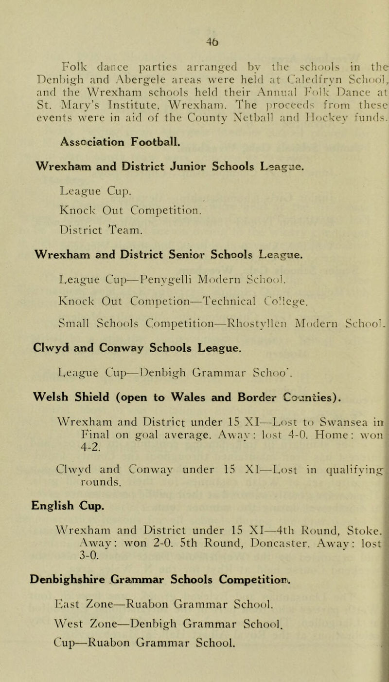 Folk dance parties arranged bv the schools in the Denbigh and Abergele areas were held at Gdedfryn School, and the Wrexham schools held their Annual Folk Dance at St. Mary’s Institute, Wrexham. The proceeds from these events were in aid of the County Netball and Hockey funds. Association Football. Wrexham and District Junior Schools League. League Cup. Knock Out Competition. District Team. Wrexham and District Senior Schools League. League Cup—Penvgelli Modern School. Knock Out Competion—Technical College. Small Schools Competition—Rhostvllcn Modern School. Clwyd and Conway Schools League. League Clip—Denbigh Grammar Schoo'. Welsh Shield (open to Wales and Border Counties). Wrexham and District under 15 XI—Lost to Swansea in Final on goal average. Awav: lost 4-0. Home: won 4-2. Clwyd and Conway under 15 XT—Lost in qualifying rounds. English Cup. Wrexham and District under 15 XI—4th Round, Stoke. Away: won 2-0. 5th Round, Doncaster. Away: lost 3-0. Denbighshire Grammar Schools Competition. East Zone—Ruabon Grammar School. West Zone—Denbigh Grammar School. Cup—Ruabon Grammar School.