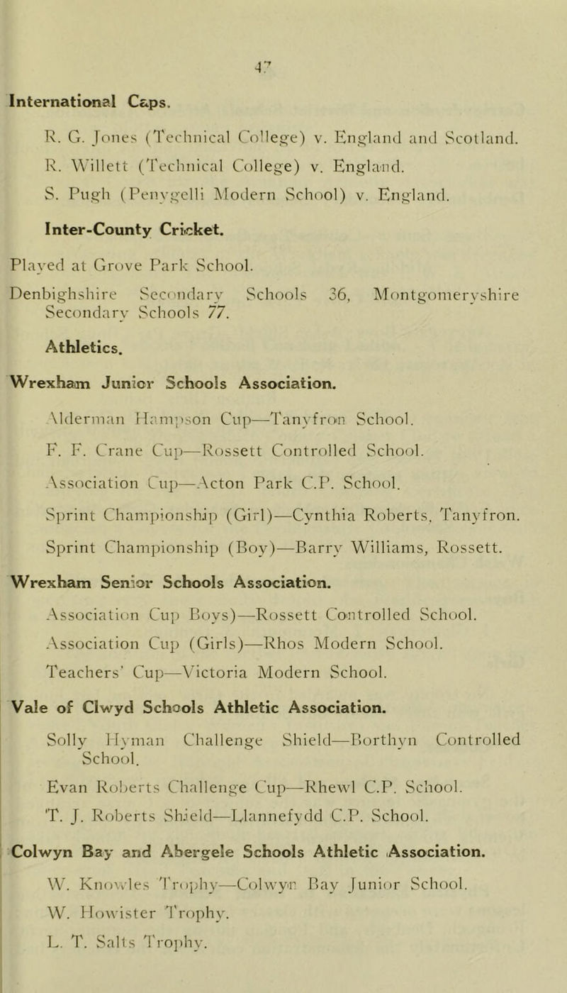 a: International Caps. R. G. Jones (Technical College) v. England and Scotland. R. Willett (Technical College) v. England. S. Pugh (Penvgelli Modern School) v. England. Inter-County Cricket. Played at Grove Park School. Denbighshire Secondary Schools 36, Montgomeryshire Secondary Schools 77. Athletics. Wrexham Junior Schools Association. Uderman Hampson Cup—Tanyfron School. F. F. Crane Cup—Rossett Controlled School. Association Cup—Acton Park C.P. School. Sprint Championship (Girl)—Cynthia Roberts, Tanyfron. Sprint Championship (Boy)—Barry Williams, Rossett. Wrexham Senior Schools Association. Association Cup Boys)—Rossett Controlled School. Association Cup (Girls)—Rhos Modern School. Teachers’ Cup—Victoria Modern School. Vale of Clwyd Schools Athletic Association. Solly Hyman Challenge Shield-—Borthyn Controlled School. Evan Roberts Challenge Cup—Rhewl C.P. School. T. J. Roberts Shield—Elannefydd C.P. School. Colwyn Bay and Abergele Schools Athletic Association. W. Knowles Trophy—Colwyn Bay Junior School. W. Howister Trophy. L. T. Salts Trophy.