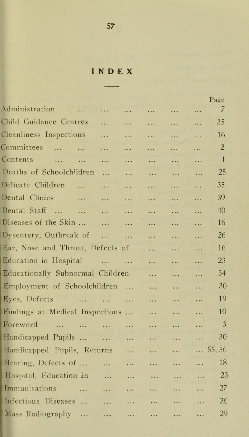 INDEX Page Administration ... ... ... ... ... ... 7 Child Guidance Centres ... ... ... ... ... 35 Cleanliness Inspections ... ... ... ... ... 16 Committees ... ... ... ... ... ... ... 2 Contents ... ... ... ... ... ... ... 1 Deaths of Schoolchildren ... ... ... ... ... 25 Delicate Children ... ... ... ... ... ... 35 Dental Climes ... ... ... ... ... ... 39 Dental Staff ... ... ... ... ... ... ... 40 Diseases of the Skin ... ... ... ... ... ... 16 Dysentery, Outbreak of ... ... ... ... ... 26 Ear, Xose and Throat, Defects of ... ... ... 16 | Education in Hospital ... ... ... ... ... 23 Educationally Subnormal Children ... ... ... 34 Employment of Schoolchildren ... ... ... ... 30 Eyes, Defects ... ... ... ... ... ... 19 Findings at Medical Inspections ... ... ... ... 10 Foreword ... ... ... ... ... ... ... 3 f Handicapped Pupils ... ... ... ... ... ... 30 Handicapped Pupils, Returns ... ... ... ... 55,56 Hearing, Defects of ... ... ... ... ... ... 18 Hospital, Education in ... ... ... ... ... 23 Immunisations ... ... ... ... ... ... 27 Infectious Diseases ... ... ... ... ... ... 26 ; Mass Radiography ... ... ... ... ... ... 29