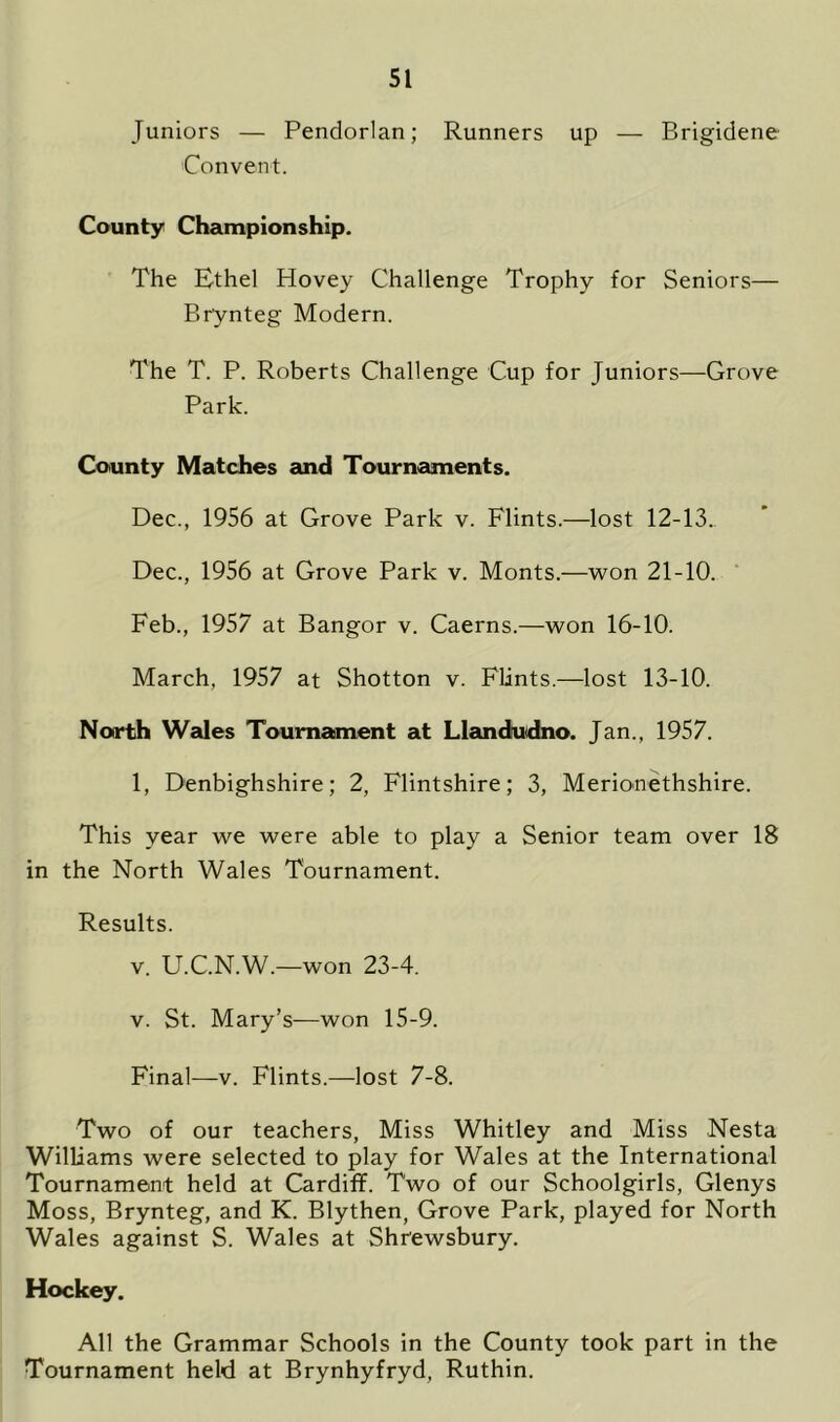 Juniors — Pendorlan; Runners up — Brigidene Convent. County Championship. The Ethel Hovey Challenge Trophy for Seniors— Brynteg Modern. The T. P. Roberts Challenge Cup for Juniors—Grove Park. County Matches and Tournaments. Dec., 1956 at Grove Park v. Flints.—lost 12-13. Dec., 1956 at Grove Park v. Monts.—won 21-10. Feb., 1957 at Bangor v. Caerns.—won 16-10. March. 1957 at Shotton v. Flints.—lost 13-10. North Wales Tournament at Llandudno. Jan., 1957. 1, Denbighshire; 2, Flintshire; 3, Merionethshire. This year we were able to play a Senior team over 18 in the North Wales Tournament. Results. v. U.C.N.W.—won 23-4. v. St. Mary’s—won 15-9. Final—v. Flints.—lost 7-8. Two of our teachers, Miss Whitley and Miss Nesta Williams were selected to play for Wales at the International Tournament held at Cardiff. Two of our Schoolgirls, Glenys Moss, Brynteg, and K. Blythen, Grove Park, played for North Wales against S. Wales at Shrewsbury. Hockey. All the Grammar Schools in the County took part in the Tournament held at Brynhyfryd, Ruthin.