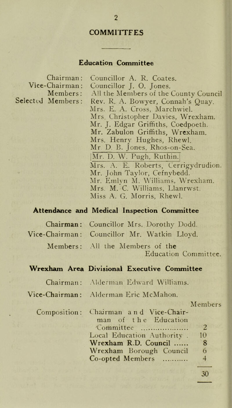 COMMITTFES Education Committee Chairman : Vice-Chairman : Members : Selected Members: Councillor A. R. Coates. Councillor J. 0. Jones. All the Members of the County Council Rev. R. A. Bowyer, Connah’s Quay. Airs. E. A. Cross, Marchwiel. Mrs. Christopher Davies, Wrexham. Mr. J. Edgar Griffiths, Coedpoeth. Mr. Zabulon Griffiths, Wrexham. Airs. Henry Hughes, Rhewl. Mr D. B. Jones, Rhos-on-Sea. Mr. D. W. Pugh, Ruthin. Airs. A. E. Roberts, Cerrigydrudion. Mr. John Taylor, Cefnybedd. Air. Emlyn M. Williams, Wrexham. Mrs. M. C. Williams, Llanrwst. Aliss A. G. Morris, Rhewl. Attendance and Medical Inspection Committee Chairman: Vice-Chairman: Councillor Airs. Dorothy Dodd. Councillor Air. Watkin Lloyd. Members : All the Alembers of the Education Committee. Wrexham Area Divisional Executive Committee Chairman: Alderman Edward Williams. Vice-Chairman: Alderman Eric AIcMahon. Composition: Alembers Chairman a n d Vice-Chair- man of the Education 'Committee 2 Local Education Authority . 10 Wrexham R.D. Council 8 Wrexham Borough Council 6 Co-opted Alembers 4 30