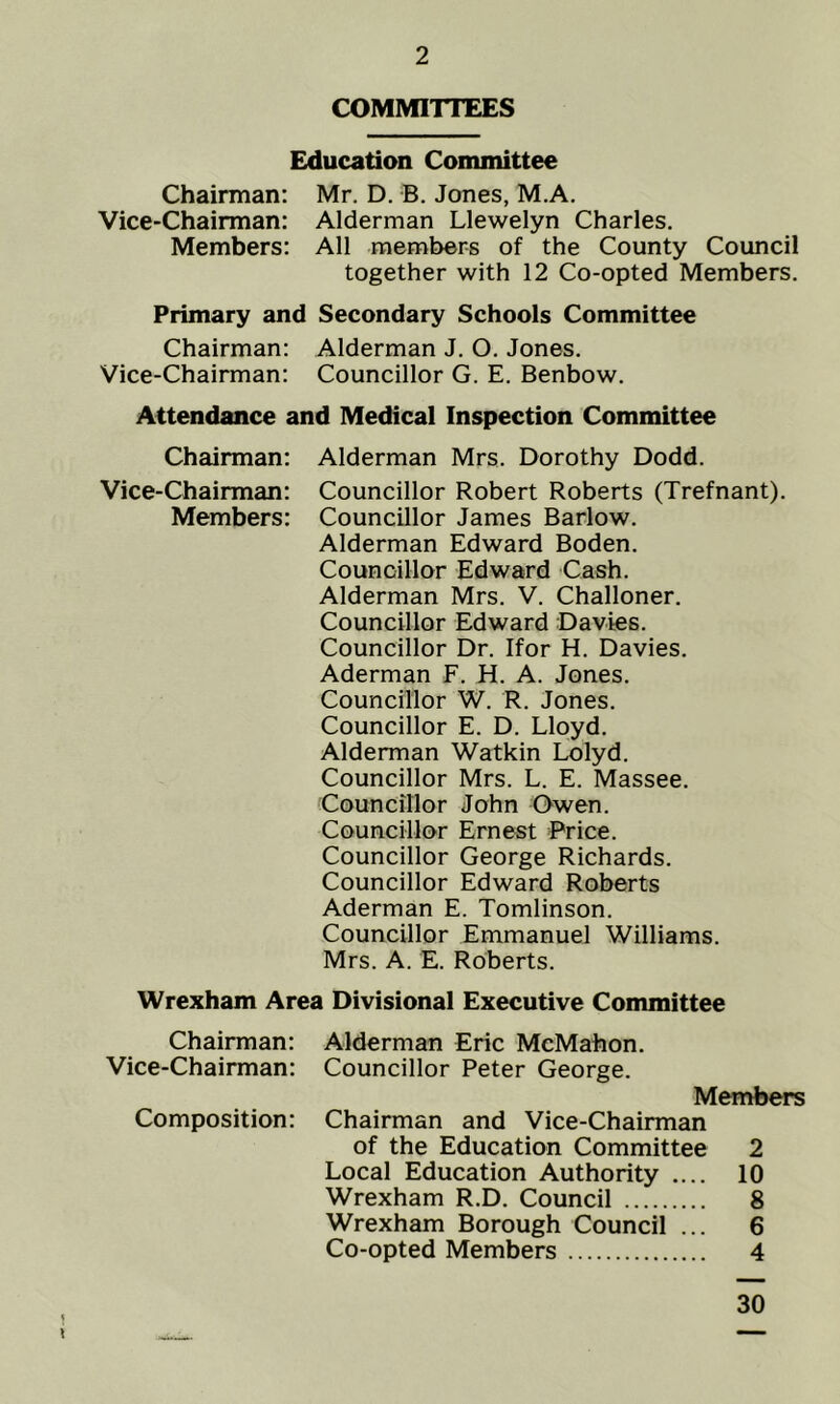 COMMITTEES Education Committee Chairman: Mr. D. B. Jones, M.A. Vice-Chairman: Alderman Llewelyn Charles. Members: All members of the County Council together with 12 Co-opted Members. Primary and Secondary Schools Committee Chairman: Alderman J. O. Jones. Vice-Chairman: Councillor G. E. Benbow. Attendance and Medical Inspection Committee Chairman: Vice-Chairman: Members: Alderman Mrs. Dorothy Dodd. Councillor Robert Roberts (Trefnant). Councillor James Barlow. Alderman Edward Boden. Councillor Edward Cash. Alderman Mrs. V. Challoner. Councillor Edward Davies. Councillor Dr. Ifor H. Davies. Aderman F. H. A. Jones. Councillor W. R. Jones. Councillor E. D. Lloyd. Alderman Watkin Lolyd. Councillor Mrs. L. E. Massee. Councillor John Owen. Councillor Ernest Price. Councillor George Richards. Councillor Edward Roberts Aderman E. Tomlinson. Councillor Emmanuel Williams. Mrs. A. E. Roberts. Wrexham Area Divisional Executive Committee Chairman: Alderman Eric McMahon. Vice-Chairman: Councillor Peter George. Members Composition: Chairman and Vice-Chairman of the Education Committee 2 Local Education Authority .... 10 Wrexham R.D. Council 8 Wrexham Borough Council ... 6 Co-opted Members 4 30