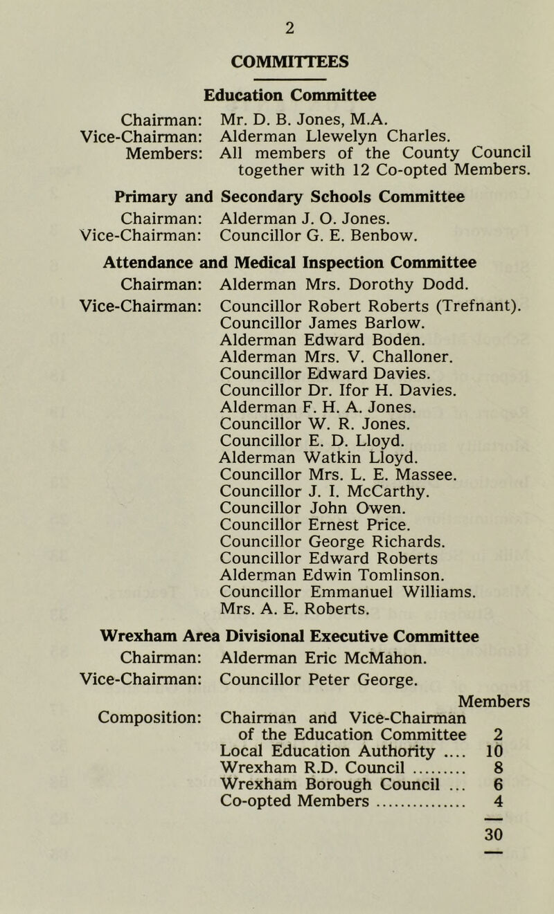 COMMITTEES Education Committee Chairman: Mr. D. B. Jones, M.A. Vice-Chairman: Alderman Llewelyn Charles. Members: All members of the County Council together with 12 Co-opted Members. Primary and Secondary Schools Committee Chairman: Alderman J. O. Jones. Vice-Chairman: Councillor G. E. Benbow. Attendance and Medical Inspection Committee Chairman: Alderman Mrs. Dorothy Dodd. Vice-Chairman: Councillor Robert Roberts (Trefnant). Councillor James Barlow. Alderman Edward Boden. Alderman Mrs. V. Challoner. Councillor Edward Davies. Councillor Dr. Ifor H. Davies. Alderman F. H. A. Jones. Councillor W. R. Jones. Councillor E. D. Lloyd. Alderman Watkin Lloyd. Councillor Mrs. L. E. Massee. Councillor J. I. McCarthy. Councillor John Owen. Councillor Ernest Price. Councillor George Richards. Councillor Edward Roberts Alderman Edwin Tomlinson. Councillor Emmanuel Williams. Mrs. A. E. Roberts. Wrexham Area Divisional Executive Committee Chairman: Alderman Eric McMahon. Vice-Chairman: Councillor Peter George. Members Composition: Chairman and Vice-Chairman of the Education Committee 2 Local Education Authority .... 10 Wrexham R.D. Council 8 Wrexham Borough Council ... 6 Co-opted Members 4 30