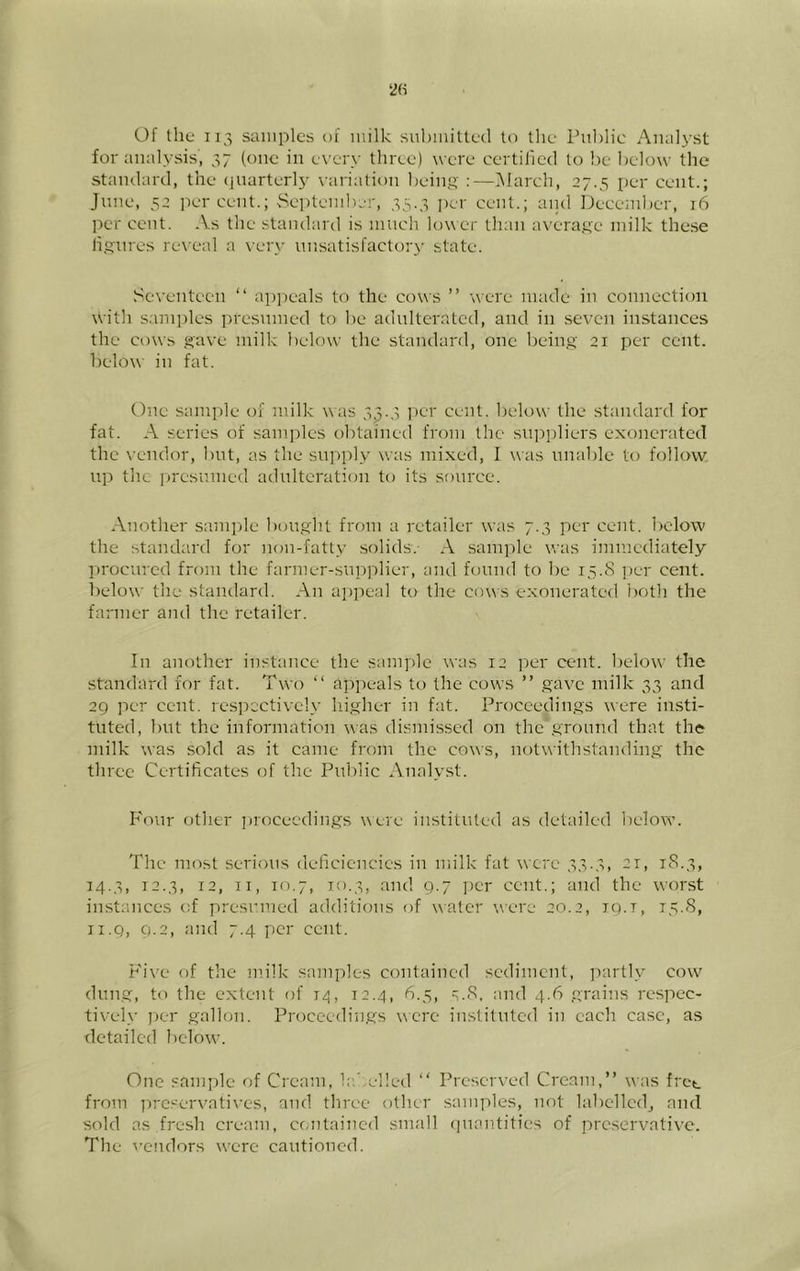 Of tliu 113 samples of milk suhmiUed to the Public Analyst for analysis, 37 (one in e\'ery three) were certified to be below the standard, the (piarterly \-ariation beini>' :—INIarch, 27.3 per cent.; June, 52 ]X“r cent.; vSeptember, 35.3 jicr cent.; and December, 16 per cent. As the standard is much lower than averaf^e milk the.se fs:nres reveal a \ ery unsatisfactory state. .Seventeen “ a])]X‘als to the cows ” were made in connection with sami)les presumed to be adulterated, and in seven instances the cows save milk below the standard, one being 21 per cent, below in fat. One sample of milk was 33.3 per cent, below the standard for fat. A series of samj^les obtained from the suppliers exonerated the vendor, but, as the supply was mi.xed, I was unable to follow up the ]>rcsumed adulteration to its source. Another sample bought from a retailer was 7.3 per cent, below the standard for non-fatty solids.- A sample was immediately procured from the farmer-supplier, and found to be 15.8 per cent, below the standard. An appeal to the cows exonerated l)Ot]i the farmer and the retailer. In another instance the sample was 12 per cent, below the standard for fat. Two “ appeals to the cows ” gave milk 33 and 29 per cent, respectively higher in fat. Proceedings were insti- tuted, but the information was dismissed on the ground that the milk was sold as it came from the cows, notwithstanding the three Certificates of the Public Analyst. Four other jirocecdings were instituted as detailed below. The most serious deficiencies in milk fat were 33-3, ei, 1S.3, 14.3, T2.3, 12, II, 10.7, 10.3, and 9.7 ])er cent.; and the worst instances of presumed additions of water were 20.2, 19.1, 15.8, II.9, 9.2, and 7.4 per cent. Five of the milk samples contained sediment, partly cow dung, to the extent of izj, 12.4, 6.5, ^.8, and 4.6 grains respec- tively jier gallon. Proceedings were instituted in each case, as detailed below. One sample of Cream. Ir.'.elled “ Preserved Cream,” was free from ]ircservati\-es, and three other samples, not labelled^ and sold as fresh cream, contained small quantities of prc.servative. The vendors were cautioned.