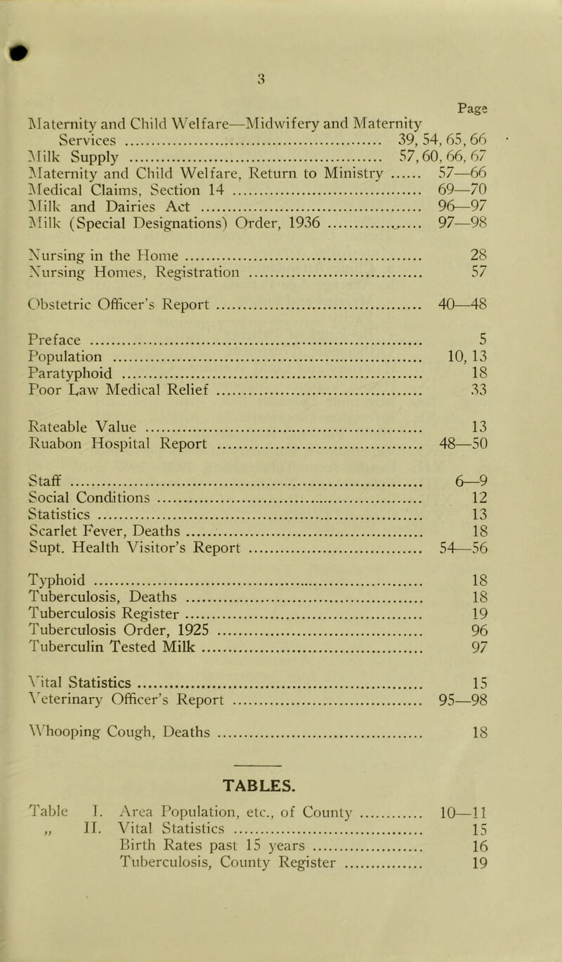Page INIaternity and Child Welfare—Midwifery and Maternity Services 39,54,65,66 iMilk Supply 57,60,66,67 Maternity and Child Welfare, Return to Ministry 57—66 Medical Claims, Section 14 69—70 Milk and Dairies Act 96—97 iMilk (Special Designations') Order, 1936 97—98 Xursing in the Home 28 Xursing Homes, Registration 57 C)bstetric Officer’s Report 40—48 Preface 5 Population 10, 13 Paratyphoid 18 Poor Law Medical Relief 33 Rateable Value 13 Ruabon Hospital Report 48—50 Staff 6—9 Social Conditions 12 Statistics 13 Scarlet Fever, Deaths 18 Supt. Health Visitor’s Report 54—56 Typhoid 18 Tuberculosis, Deaths 18 Tuberculosis Register 19 Tuberculosis Order, 1925 96 Tuberculin Tested Milk 97 \’ital Statistics 15 Wterinary Officer’s Report 95—98 M'hooping Cough, Deaths 18 TABLES. Table T. Area Population, etc., of County 10—11 „ IT. Vital Statistics 15 Birth Rates past 15 years 16 Tuberculosis, County Register 19
