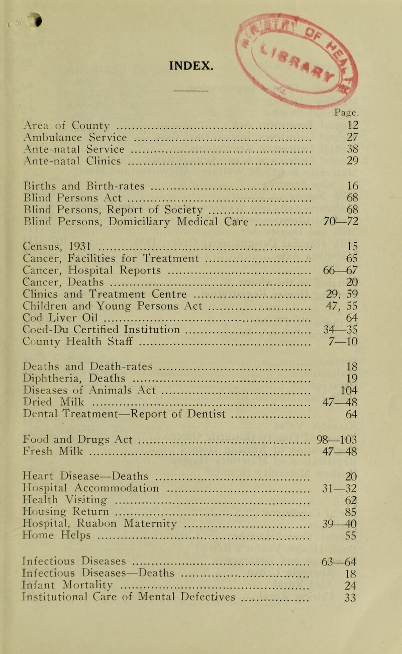 INDEX. Page. Area of County 12 Ambulance Service 27 Ante-natal Service 38 Ante-natal Clinics 29 Births and Birth-rates 16 Blind Persons Act 68 Blind Persons, Report of Society 68 Blind Persons, Domiciliary Medical Care 70—72 Census, 1931 15 Cancer, Facilities for Treatment 65 Cancer, Hospital Reports 66—67 Cancer, Deaths 20 Clinics and Treatment Centre 29, 59 Children and Young Persons Act 47, 55 Cod Liver Oil 64 Coed-Du Certified Institution 34—35 County Health Staff 7—10 Deaths and Death-rates 18 Diphtheria, Deaths 19 Diseases of Animals Act 104 Dried Milk 47—48 Dental Treatment—Report of Dentist 64 Food and Drugs Act 98—103 Fresh Milk 47—48 Heart Disease—Deaths 20 Hospital Accommodation 31—32 Health Visiting 62 Housing Return 85 Hospital, Ruabon Maternity 39—40 Home Helps 55 Infectious Diseases 63—64 Infectious Diseases—Deaths 18 Infant Mortality 24 Institutional Care of Mental Defectives 33