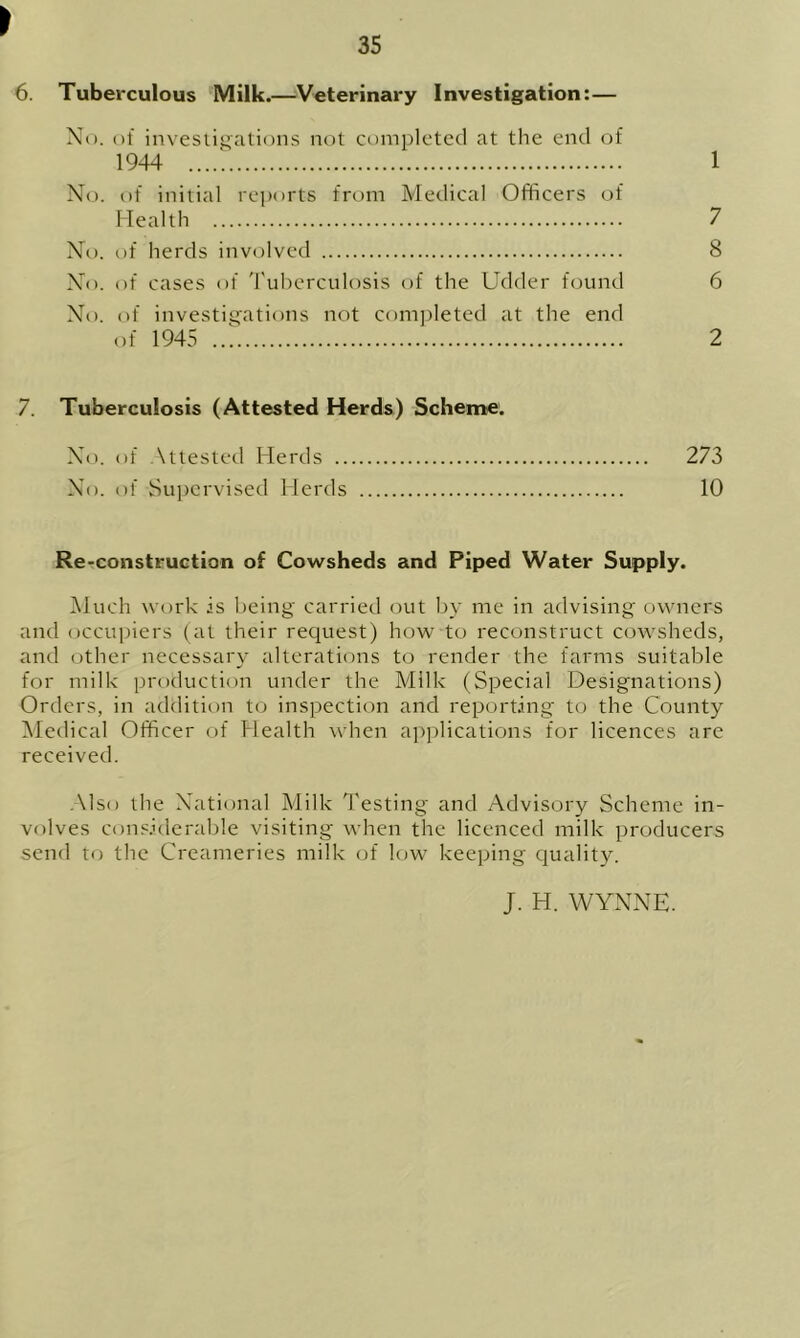 ► 6. Tuberculous Milk.—Veterinary Investigation: — No. of investigations not completed at the end of 1944 1 No. of initial reports from Medical Officers of Health 7 No. of herds involved 8 No. of cases of Tuberculosis of the Udder found 6 No. of investigations not completed at the end of 1945 2 7. Tuberculosis (Attested Herds) Scheme. No. of Attested Herds 273 No. of Supervised Herds 10 Re-construction of Cowsheds and Piped Water Supply. Much work is being carried out by me in advising owners and occupiers (at their request) how to reconstruct cowsheds, and other necessary alterations to render the farms suitable for milk production under the Milk (Special Designations) Orders, in addition to inspection and reporting to the County Medical Officer of Health when applications for licences are received. Also the National Milk Testing and Advisory Scheme in- volves considerable visiting when the licenced milk producers send to the Creameries milk of low keeping quality. J. H. WYNNE.