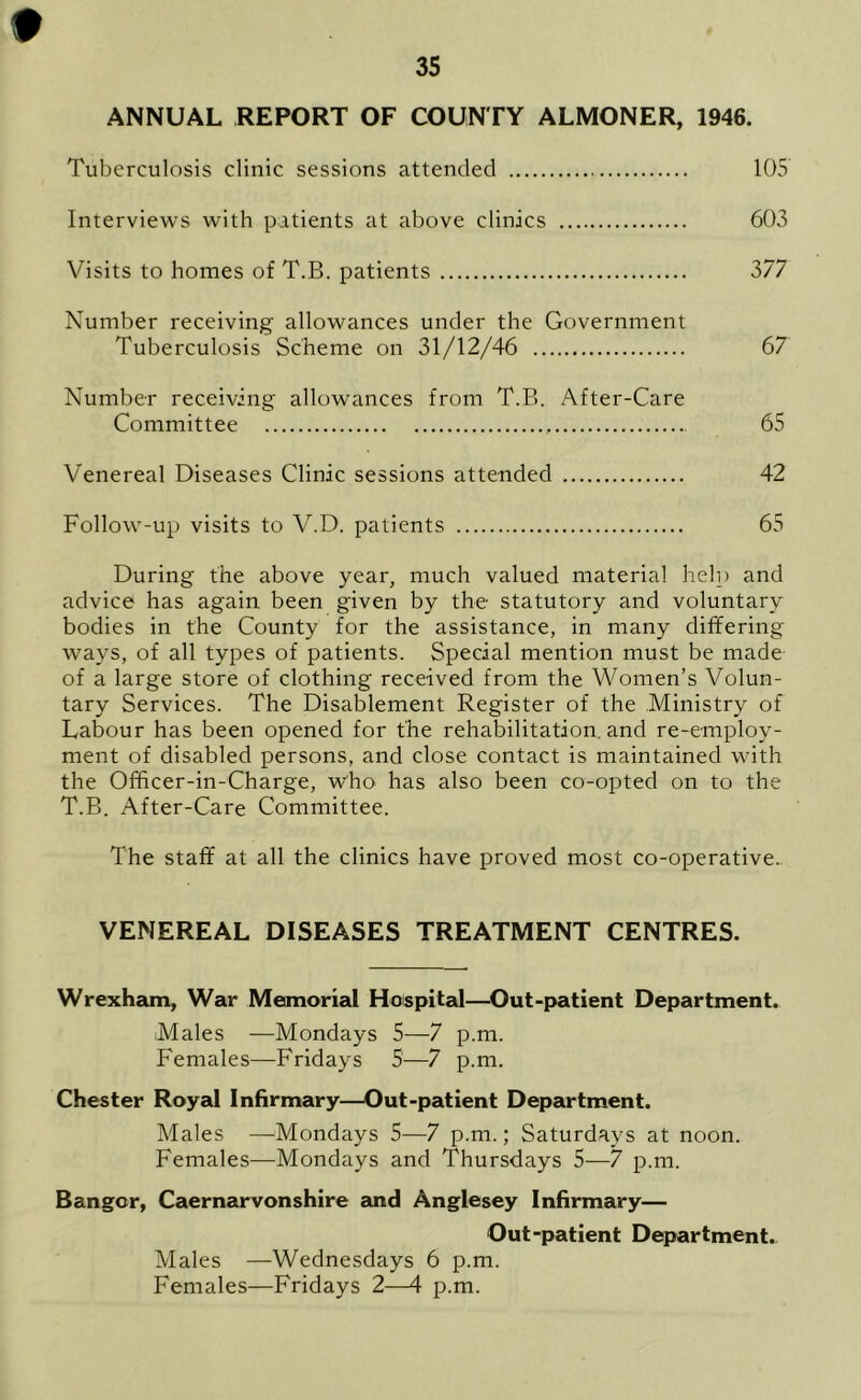 ANNUAL REPORT OF COUNTY ALMONER, 1946. Tuberculosis clinic sessions attended 105 Interviews with patients at above clinics 603 Visits to homes of T.B. patients 377 Number receiving allowances under the Government Tuberculosis Scheme on 31/12/46 67 Number receiving allowances from T.B. After-Care Committee 65 Venereal Diseases Clinic sessions attended 42 Follow-up visits to V.D. patients 65 During the above year, much valued material help and advice has again been given by the statutory and voluntary bodies in the County for the assistance, in many differing ways, of all types of patients. Special mention must be made of a large store of clothing received from the Women’s Volun- tary Services. The Disablement Register of the Ministry of Labour has been opened for the rehabilitation, and re-employ- ment of disabled persons, and close contact is maintained with the Officer-in-Charge, who has also been co-opted on to the T.B. After-Care Committee. The staff at all the clinics have proved most co-operative. VENEREAL DISEASES TREATMENT CENTRES. Wrexham, War Memorial Hospital—Out-patient Department. Males —Mondays 5—7 p.m. Females—Fridays 5—7 p.m. Chester Royal Infirmary—Out-patient Department. Males —Mondays 5—7 p.m.; Saturdays at noon. Females—Mondays and Thursdays 5—7 p.m. Banger, Caernarvonshire and Anglesey Infirmary— Out-patient Department. Males —Wednesdays 6 p.m. Females—Fridays 2—4 p.m.