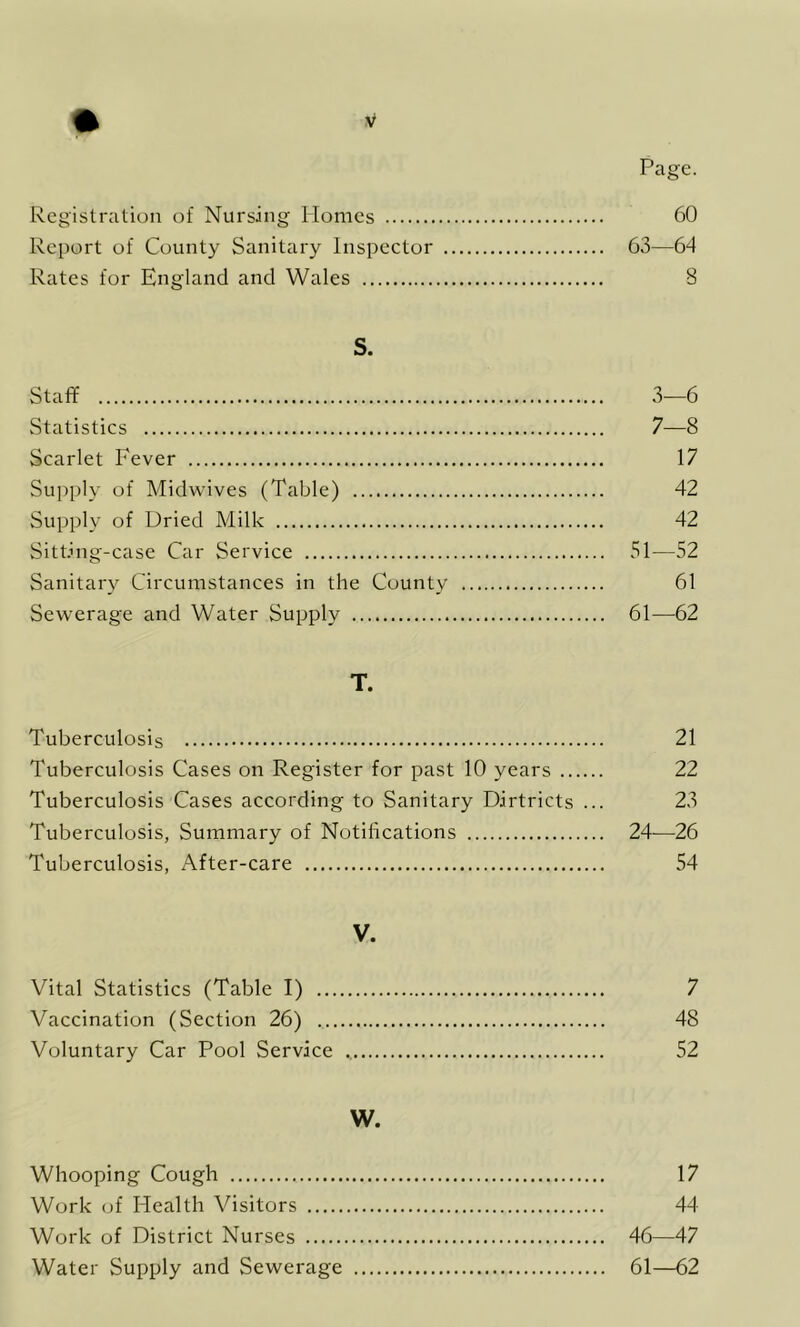 V Page. Registration of Nursing Homes 60 Report of County Sanitary Inspector 63—64 Rates for England and Wales S S. Staff 3—6 Statistics 7—8 Scarlet Fever 17 Supply of Midwives (Table) 42 Supply of Dried Milk 42 Sitting-case Car Service 51—52 Sanitary Circumstances in the County 61 Sewerage and Water Supply 61—62 T. Tuberculosis 21 Tuberculosis Cases on Register for past 10 years 22 Tuberculosis Cases according to Sanitary Dirtricts ... 23 Tuberculosis, Summary of Notiftcations 24—26 Tuberculosis, After-care 54 V. Vital Statistics (Table I) 7 Vaccination (Section 26) 48 Voluntary Car Pool Service 52 W. Whooping Cough 17 Work (ff Health Visitors 44 Work of District Nurses 46—47 Water Supply and Sewerage 61—62