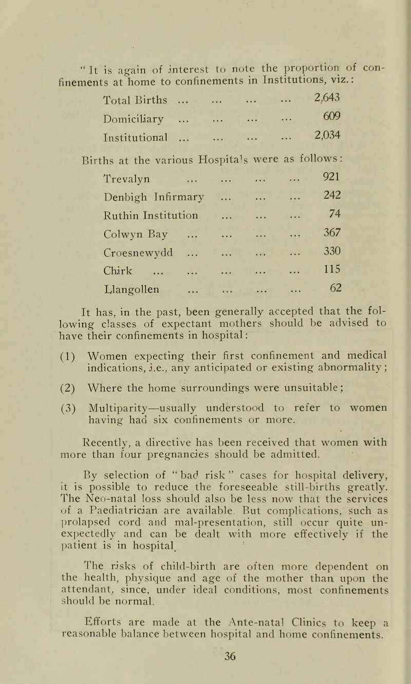 “Jt is again of .interest to note the proportion of con- finements at home to confinements in Institutions, viz.: Total Births ... Domiciliary Institutional ... Births at the various Hospitals were as follows: Trevalyn Denbigh Infirmary Ruthin Institution Colwyn Bay Croesnewydd Chirk Llangollen It has, in the past, been generally accepted that the fol- lowing classes of expectant mothers should be advised to have their confinements in hospital: (1) Women expecting their first confinement and medical indications, i.e., any anticipated or existing abnormality; (2) Where the home surroundings were unsuitable; (3) Multiparity—usually understood to refer to women having had six confinements or more. Recently, a directive has been received that women with more than four pregnancies should be admitted. By selection of “ bad risk ” cases for hospital delivery, it is possible to reduce the foreseeable still-liirths greatly. The Neo-natal loss should also be less now that the services of a Paediatrician are available Rut complications, such as ])rolapsed cord and mal-presentation, still occur cjuite un- expectedly and can be dealt with more effectively if the ])atient is in hospital^ 'I'he risks of child-birth are often more dependent on the health, physique and age of the mother than upon the attendant, since, under ideal conditions, most confinements should be normal. Efforts are made at the .\nte-natal Clinics to keep a reasonable balance between hosi)ital and home conhnements. 921 242 74 367 330 115 62 2,643 609 2,034