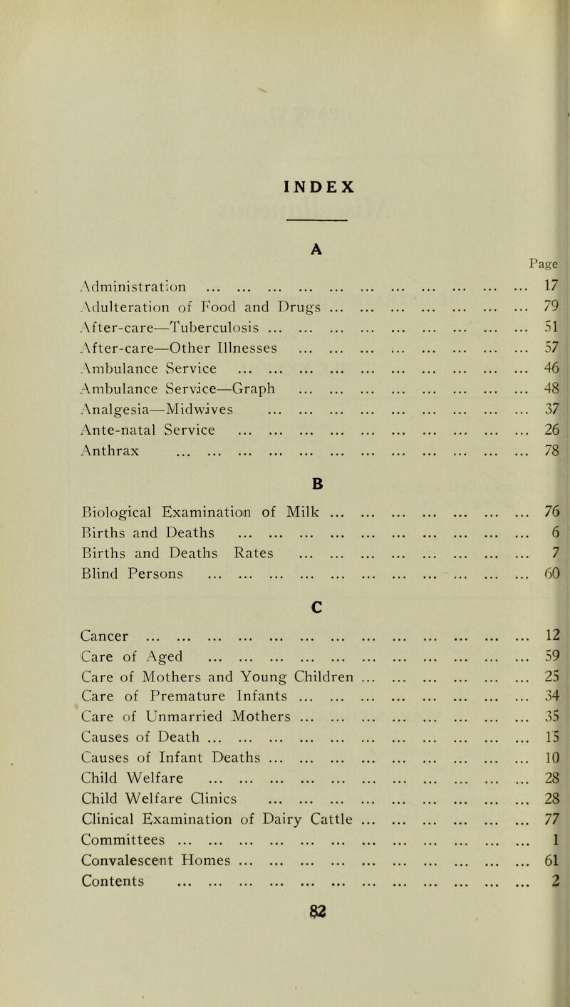 INDEX A Page Administration 17 Adulteration of Food and Drugs 79 After-care—Tuberculosis 51 .\fter-care—Other Illnesses 57 .\mbulance Service 46 Ambulance Service—Graph 48 Analgesia—Midwives 37 Ante-natal Service 26 Anthrax 78 B Biological Examination of Milk 76 Births and Deaths 6 Births and Deaths Rates 7 Blind Persons 60 C Cancer 12 Care of Aged 59 Care of Mothers and Young Children 25 Care of Premature Infants 34 Care of Unmarried Mothers 35 Causes of Death 15 Causes of Infant Deaths 10 Child Welfare 28 Child Welfare Clinics 28 Clinical Examination of Dairy Cattle 77 Committees 1 Convalescent Homes 61 Contents 2