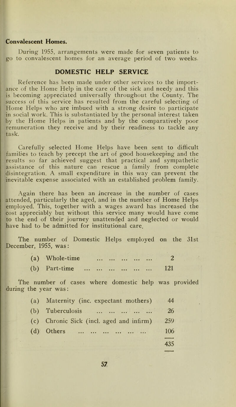 Convalescent Homes. Durinj)' 1955, arrangements were made for seven patients to go to convalescent liomes for an average period of two weeks. DOMESTIC HELP SERVICE Reference has been made under other services to the import- ance of the Home Help in the care of the sick and needy and this is I)ecoming appreciated universally throughout the County. The success of this service has resulted from the careful selecting of Home Helps who are imbued with a strong desire to participate in social work. This is substantiated by the personal interest taken by the Home Helps in patients and by the comparatively poor remuneration they receive and by their readiness to tackle any task. Carefully selected Home Helps have been sent to difficult families to teach by precept the art of good housekeeping and the results so far achieved suggest that practical and sympathetic assistance of this nature can rescue a family from complete disintegration. A small expenditure in this way can prevent the inevitable expense associated with an established problem family. Again there has been an increase in the number of cases attended, particularly the aged, and in the number of Home Helps employed. This, together with a wages award has increased the cost appreciably but without this service many would have come to the end of their journey unattended and neglected or would have had to be admitted for institutional care. The number of Domestic Helps employed on the 31st December, 1955, was: (a) Whole-time (b) Part-time The number of cases where domestic help was provided during the year was: (a) Maternity (inc. expectant mothers) (b) Tuberculosis (c) Chronic Sick (inch aged and infirm) (d) Others 44 26 259 106 435 5;