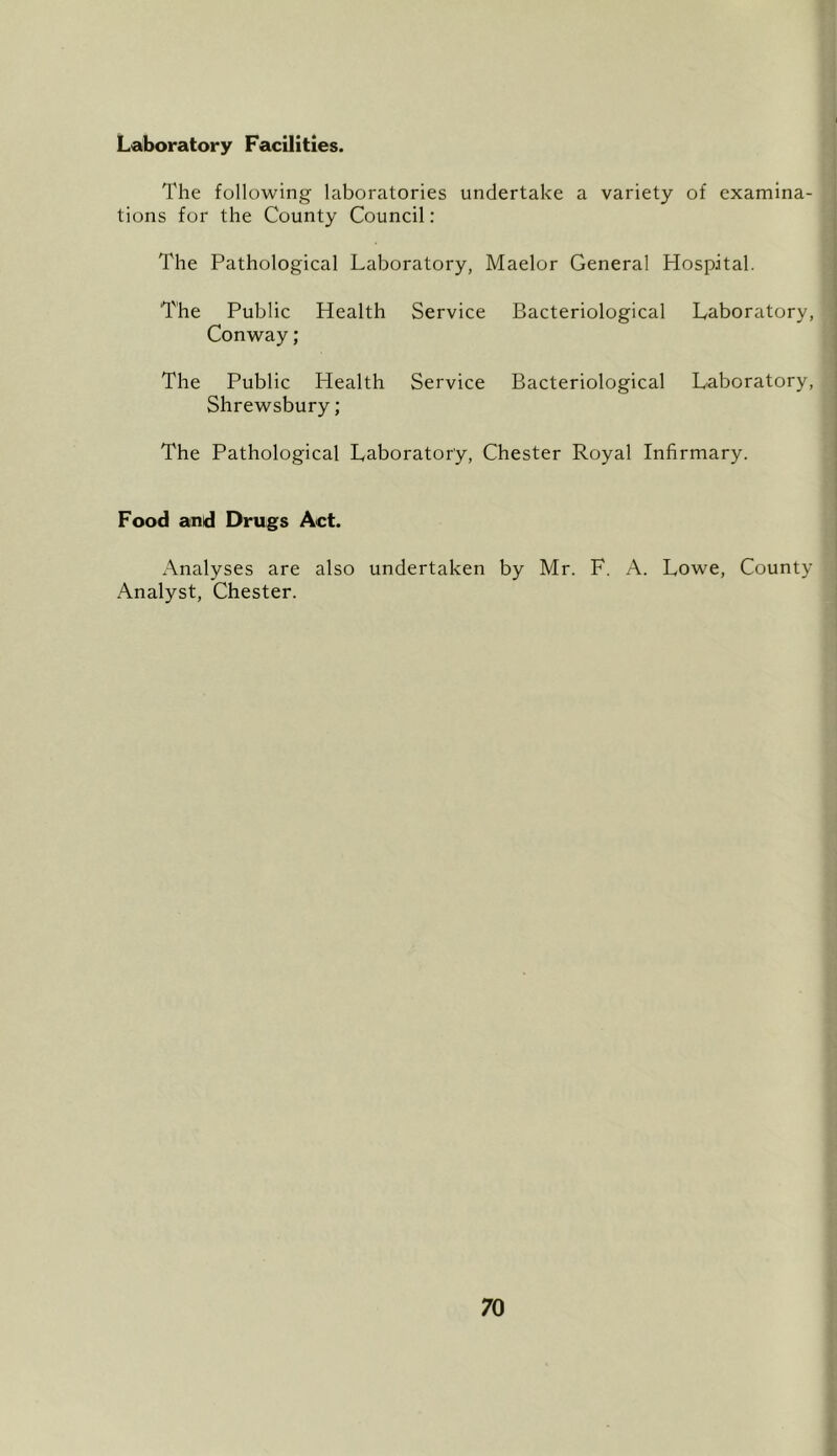 Laboratory Facilities. The following laboratories undertake a variety of examina- tions for the County Council: The Pathological Laboratory, Maelor General Hospital. The Public Health Service Bacteriological Laboratory, Conway; The Public Health Service Bacteriological Laboratory, Shrewsbury; The Pathological Laboratory, Chester Royal Infirmary. Food and Drugs Act. Analyses are also undertaken by Mr. F. A. Lowe, County Analyst, Chester.