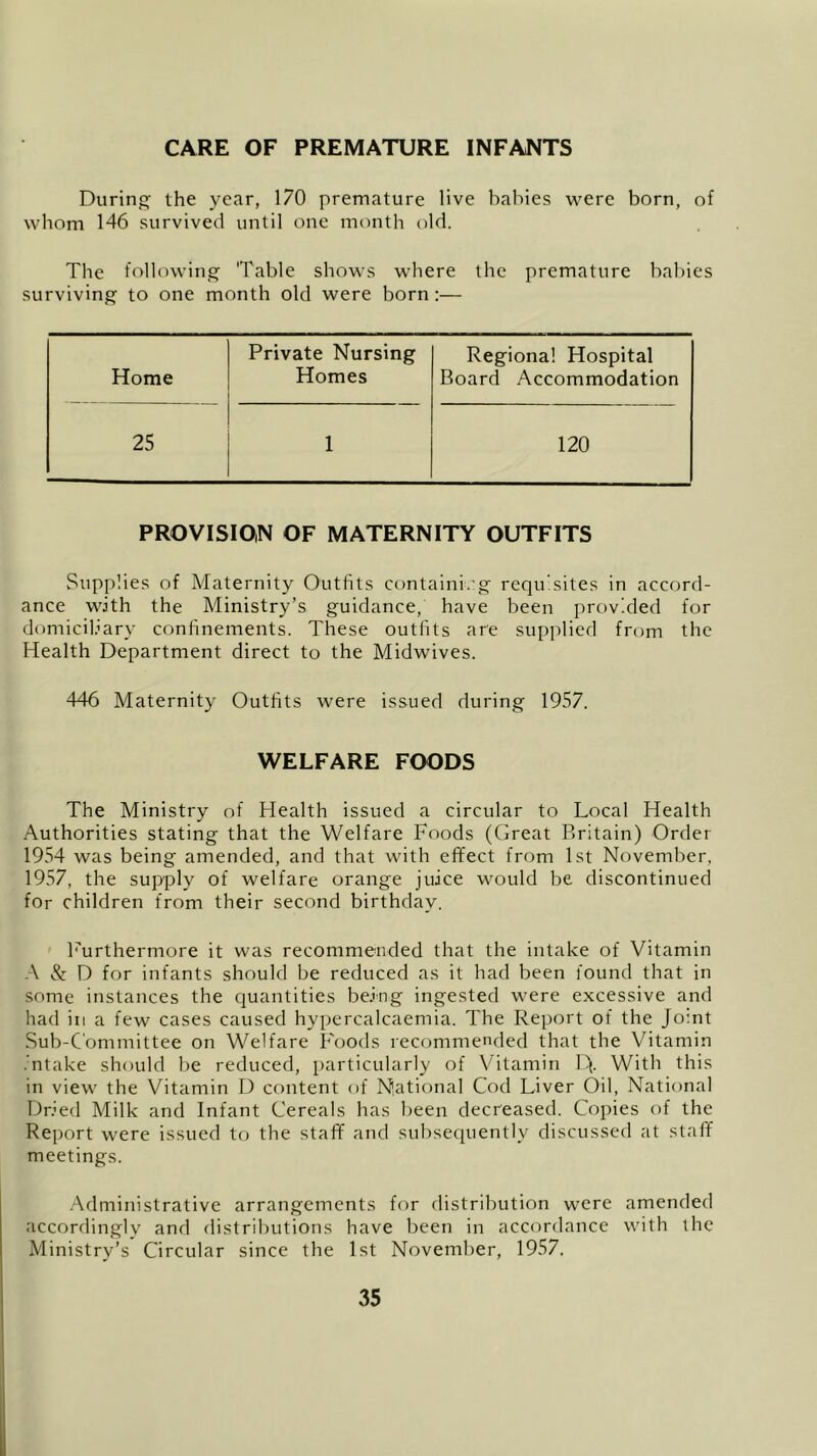 CARE OF PREMATURE INFANTS During the year, 170 premature live babies were born, of whom 146 survived until one month old. The following 'Table shows where the premature babies surviving to one month old were born :— Home Private Nursing Homes Regional Hospital Board Accommodation 25 1 120 PROVISION OF MATERNITY OUTFITS Supplies of Maternity Outfits containing requisites in accord- ance with the Ministry’s guidance, have been provided for domiciliary confinements. These outfits are supplied from the Health Department direct to the Midwives. 446 Maternity Outfits were issued during 1957. WELFARE FOODS The Ministry of Health issued a circular to Local Health Authorities stating that the Welfare Foods (Great Britain) Order 1954 was being amended, and that with effect from 1st November, 1957, the supply of welfare orange juice would be discontinued for children from their second birthday. Furthermore it was recommended that the intake of Vitamin A & D for infants should be reduced as it had been found that in some instances the quantities being ingested were excessive and had in a few cases caused hypercalcaemia. The Report of the Joint Sub-Committee on Welfare Foods recommended that the Vitamin intake should be reduced, particularly of Vitamin Dj. With this in view the Vitamin D content of National Cod Liver Oil, National Dried Milk and Infant Cereals has been decreased. Copies of the Report were issued to the staff and subsequently discussed at staff meetings. Administrative arrangements for distribution were amended accordingly and distributions have been in accordance with the Ministry’s Circular since the 1st November, 1957.