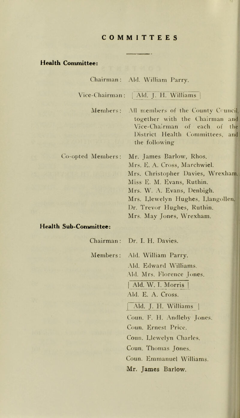 COMMITTEES Health Committee: Chairman: Aid. William Parry. Vice-Chairman: j Aid. J. H. Williams j Members: All members of the County C< uncil. together with the Chairman and Vice-Chairman of each of the District Health Committees, and the following Co-opted Members : Mr. James Barlow, Rhos. Mrs. E. A. Cross, Marchwiel. Mrs. Christopher Davies, Wrexham. Miss E. M. Evans, Ruthin. Mrs. W. A. Evans, Denbigh. Mrs. Llewelyn Hughes, Llangollen, Dr. Trevor Hughes, Ruthin. Mrs. May Jones, Wrexham. Health Sub-Committee: Chairman : Dr. I. H. Davies. Members: Aid. William Parry. Aid. Edward Williams. Aid. Mrs. Elorence Jones. | Aid. W. T. Morris | Aid. E. A. Cross. 1 Aid. J. H. Williams | Conn. E. 11. Andleby Jones. Conn. Ernest Price. Conn. Llewelyn Charles. Coun. Thomas Jones. Coun. Emmanuel Williams. Mr. James Barlow.