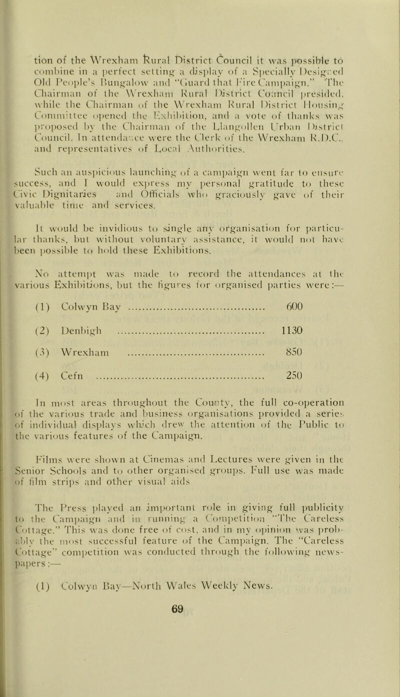 tion of the Wrexham fcural District Council it was possible to combine in a perfect setting a display of a Specially Designed Old People’s Bungalow and “Ouard that 1'ire Campaign.” The Chairman of the Wrexham Rural District Council presided, while the Chairman of the Wrexham Rural District I lousing Committee opened the Inhibition, and a vote of thanks was proposed by the Chairman of the Llangollen Urban Districl Council. In attendav.ee were the Clerk of the Wrexham R.D.C.. and representatives of Local Authorities. Such an auspicious launching of a campaign went lar to ensure success, and 1 would express my personal gratitude to these Civic Dignitaries and Officials who graciously gave of their valuable time and services. It would be invidious to single any organisation for particu- lar thanks, but without voluntary assistance, it would not have been possible to hold these Exhibitions. No attempt was made to record the attendances at the various Exhibitions, but the figures for organised parties were:— (1) Colwyn Bay 600 (2) Denbigh 1130 (3) Wrexham 850 (4) Cefn 250 In most areas throughout the County, the full co-operation of the various trade anti business organisations provided a series of individual displays which drew the attention of the Public to the various features of the Campaign. Films were shown at Cinemas and Lectures were given in the Senior Schools and to other organised groups. Full use was made of film strips and other visual aids The Press played an important role in giving full publicity to the Campaign and in running a Competition The Careless Cottage.” This was done free of cost, and in my opinion was prob- ably the most successful feature of the Campaign. The ‘‘Careless Cottage” competition was conducted through the following news- papers :— (1) Colwyn Bay—North Wales Weekly News.