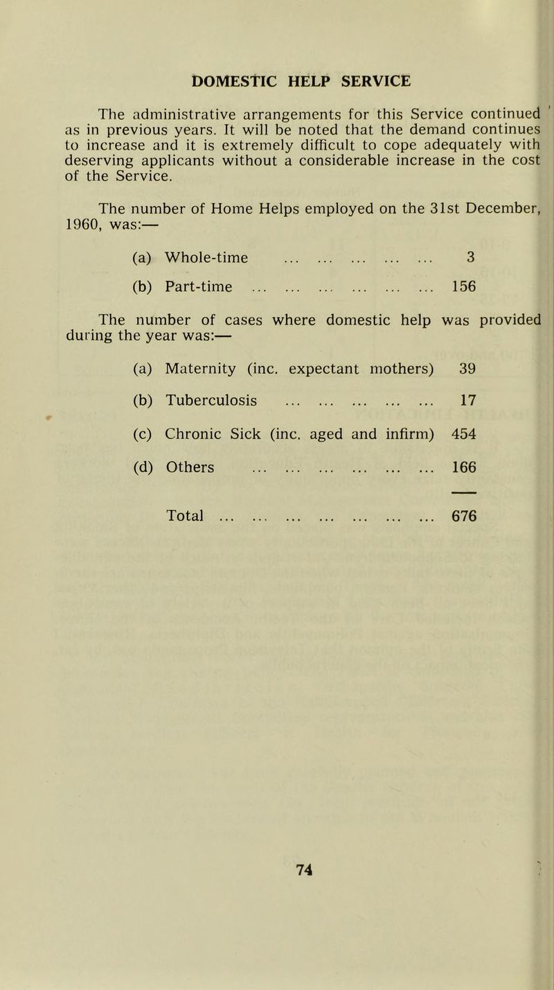 DOMESTIC HELP SERVICE The administrative arrangements for this Service continued as in previous years. It will be noted that the demand continues to increase and it is extremely difficult to cope adequately with deserving applicants without a considerable increase in the cost of the Service. The number of Home Helps employed on the 31st December, 1960, was:— (a) Whole-time 3 (b) Part-time 156 The number of cases where domestic help was provided during the year was:— (a) Maternity (inc. expectant mothers) 39 (b) Tuberculosis 17 (c) Chronic Sick (inc. aged and infirm) 454 (d) Others 166 Total 676