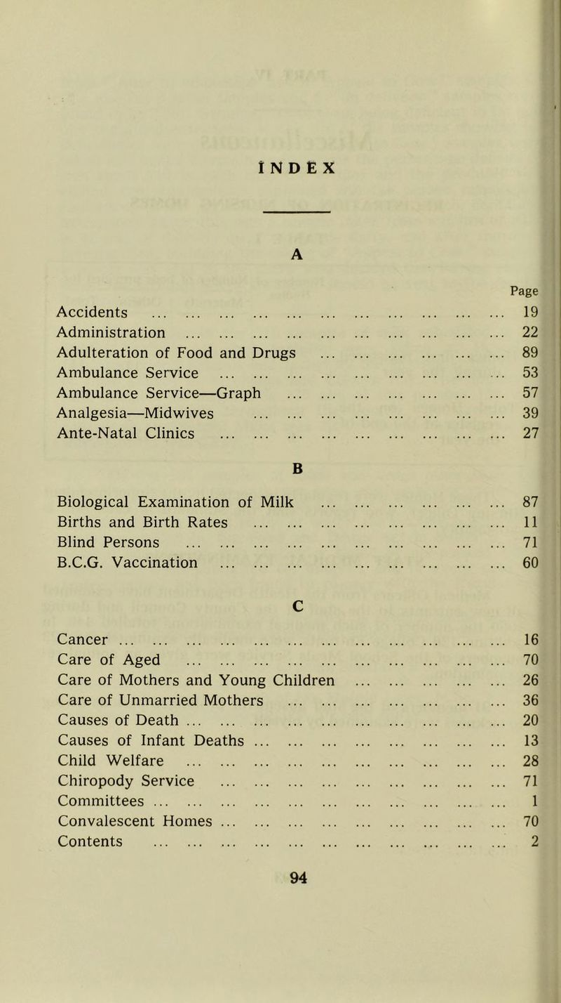 INDEX A Page Accidents 19 Administration 22 Adulteration of Food and Drugs 89 Ambulance Service 53 Ambulance Service—Graph 57 Analgesia—Midwives 39 Ante-Natal Clinics 27 B Biological Examination of Milk 87 Births and Birth Rates 11 Blind Persons 71 B.C.G. Vaccination 60 C Cancer 16 Care of Aged 70 Care of Mothers and Young Children 26 Care of Unmarried Mothers 36 Causes of Death 20 Causes of Infant Deaths 13 Child Welfare 28 Chiropody Service 71 Committees 1 Convalescent Homes 70 Contents 2