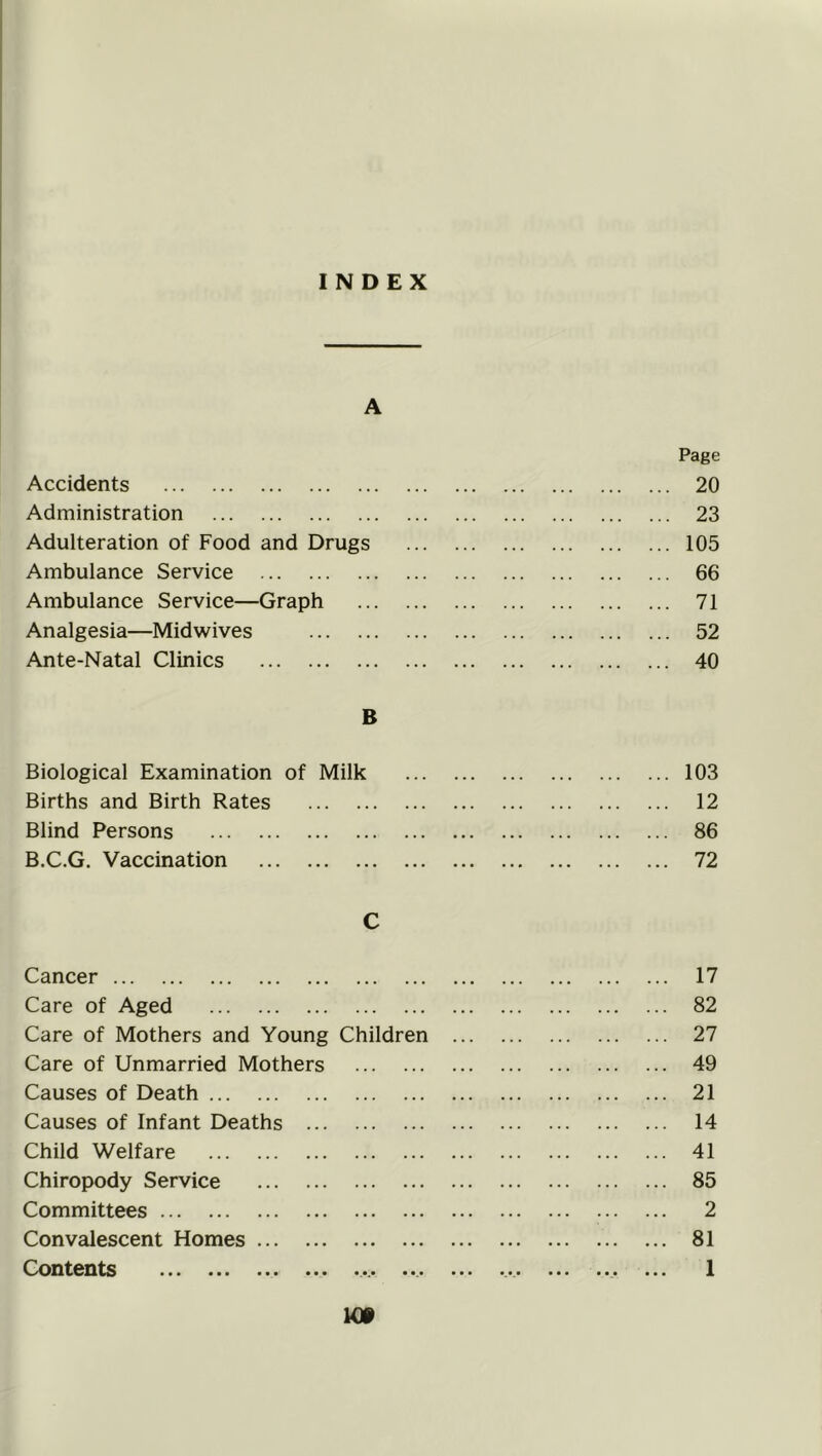 INDEX A Page Accidents 20 Administration 23 Adulteration of Food and Drugs 105 Ambulance Service 66 Ambulance Service—Graph 71 Analgesia—Midwives 52 Ante-Natal Clinics 40 B Biological Examination of Milk 103 Births and Birth Rates 12 Blind Persons 86 B.C.G. Vaccination 72 C Cancer 17 Care of Aged 82 Care of Mothers and Young Children 27 Care of Unmarried Mothers 49 Causes of Death 21 Causes of Infant Deaths 14 Child Welfare 41 Chiropody Service 85 Committees 2 Convalescent Homes 81 O^^^ntents ••• •»« ••• *.*.*. * *.* * • • *.*.* ■ • • • • * • • • I lOi