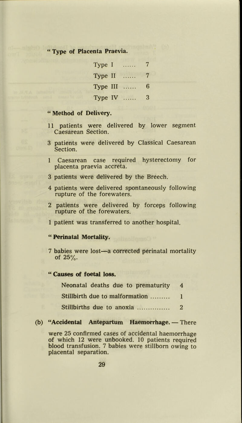 “ Type of Placenta Praevia. Type I 7 Type II 7 Type III 6 Type IV 3 “ Method of Delivery. 11 patients were delivered by lower segment Caesarean Section. 3 patients were delivered by Classical Caesarean Section. 1 Caesarean case required hysterectomy for placenta praevia accreta. 3 patients were delivered by the Breech. 4 patients were delivered spontaneously following rupture of the forewaters. 2 patients were delivered by forceps following rupture of the forewaters. 1 patient was transferred to another hospital. “ Perinatal Mortality. 7 babies were lost—a corrected perinatal mortality of 25%. “ Causes of foetal loss. Neonatal deaths due to prematurity 4 Stillbirth due to malformation 1 Stillbirths due to anoxia 2 (b) “Accidental Antepartum Haemorrhage. — There were 25 confirmed cases of accidental haemorrhage of which 12 were unbooked. 10 patients required blood transfusion. 7 babies were stillborn owing to placental separation.