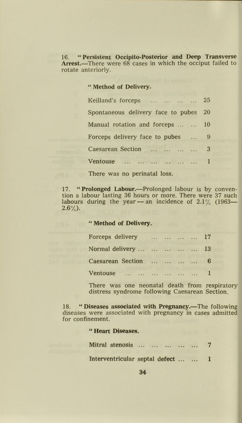 16. “ Persistent Occipito-Posterior and Deep Transverse Arrest.—There were 68 cases in which the occiput failed to rotate anteriorly. “ Method of Delivery. Keilland’s forceps 25 Spontaneous delivery face to pubes 20 Manual rotation and forceps 10 Forceps delivery face to pubes ... 9 Caesarean Section 3 Ventouse 1 There was no perinatal loss. 17. “ Prolonged Labour.—Prolonged labour is by conven- tion a labour lasting 36 hours or more. There were 37 such labours during the year—an incidence of 2.1% (1963— 2.6%). “ Method of Delivery. Forceps delivery 17 Normal delivery 13 Caesarean Section 6 Ventouse 1 There was one neonatal death from respiratory distress syndrome following Caesarean Section. 18. “Diseases associated with Pregnancy.—The following diseases were associated with pregnancy in cases admitted for confinement. “ Heart Diseases. Mitral stenosis 7 Interventricular septal defect 1